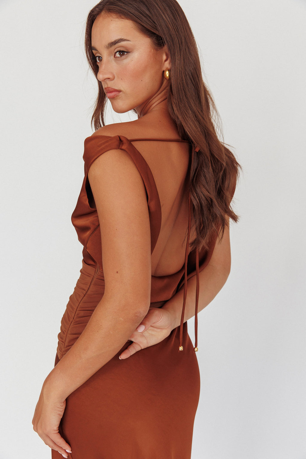 Isabella Open Cowl Back Maxi Dress Cocoa by Selfie Leslie Australia