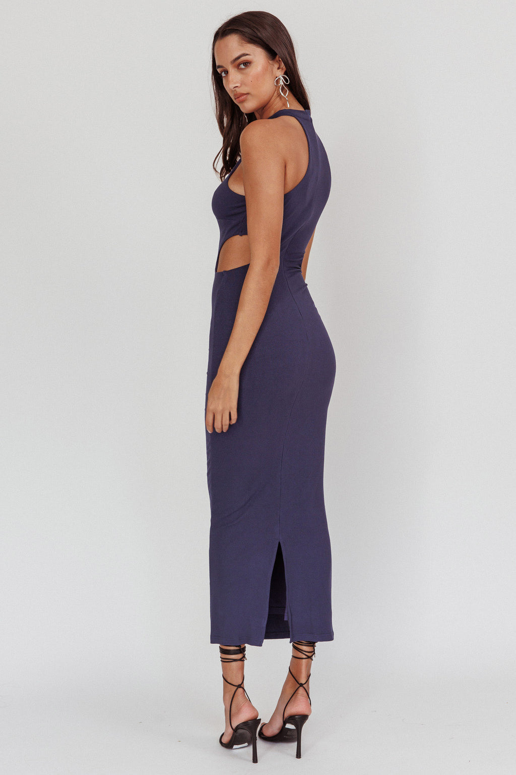 Estella Keyhole Ribbed Midi Dress Navy by Selfie Leslie Australia