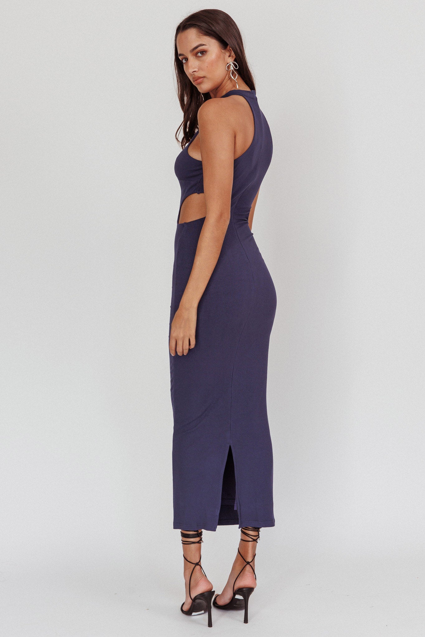 Estella Keyhole Ribbed Midi Dress Navy by Selfie Leslie Australia