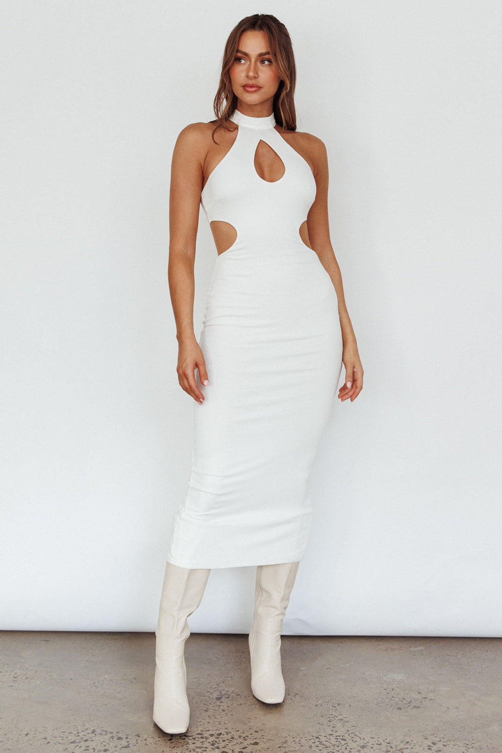 Estella Keyhole Ribbed Midi Dress White by Selfie Leslie Australia