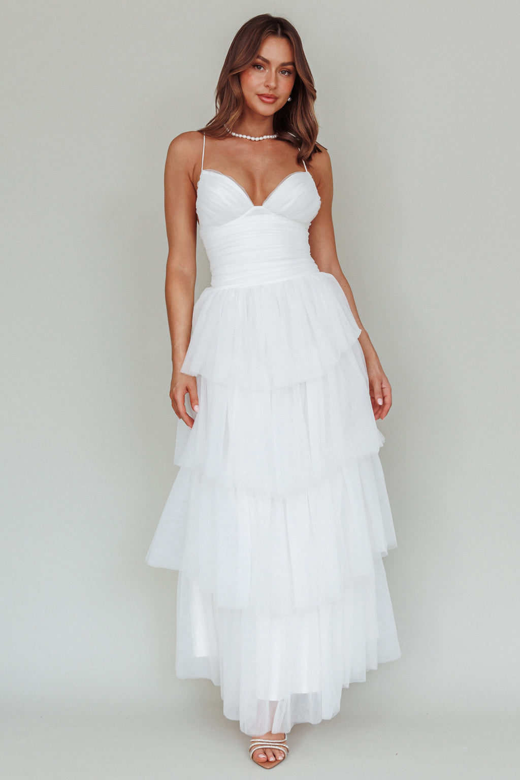 Nightingale Tiered Mesh Maxi Dress White by Selfie Leslie Australia