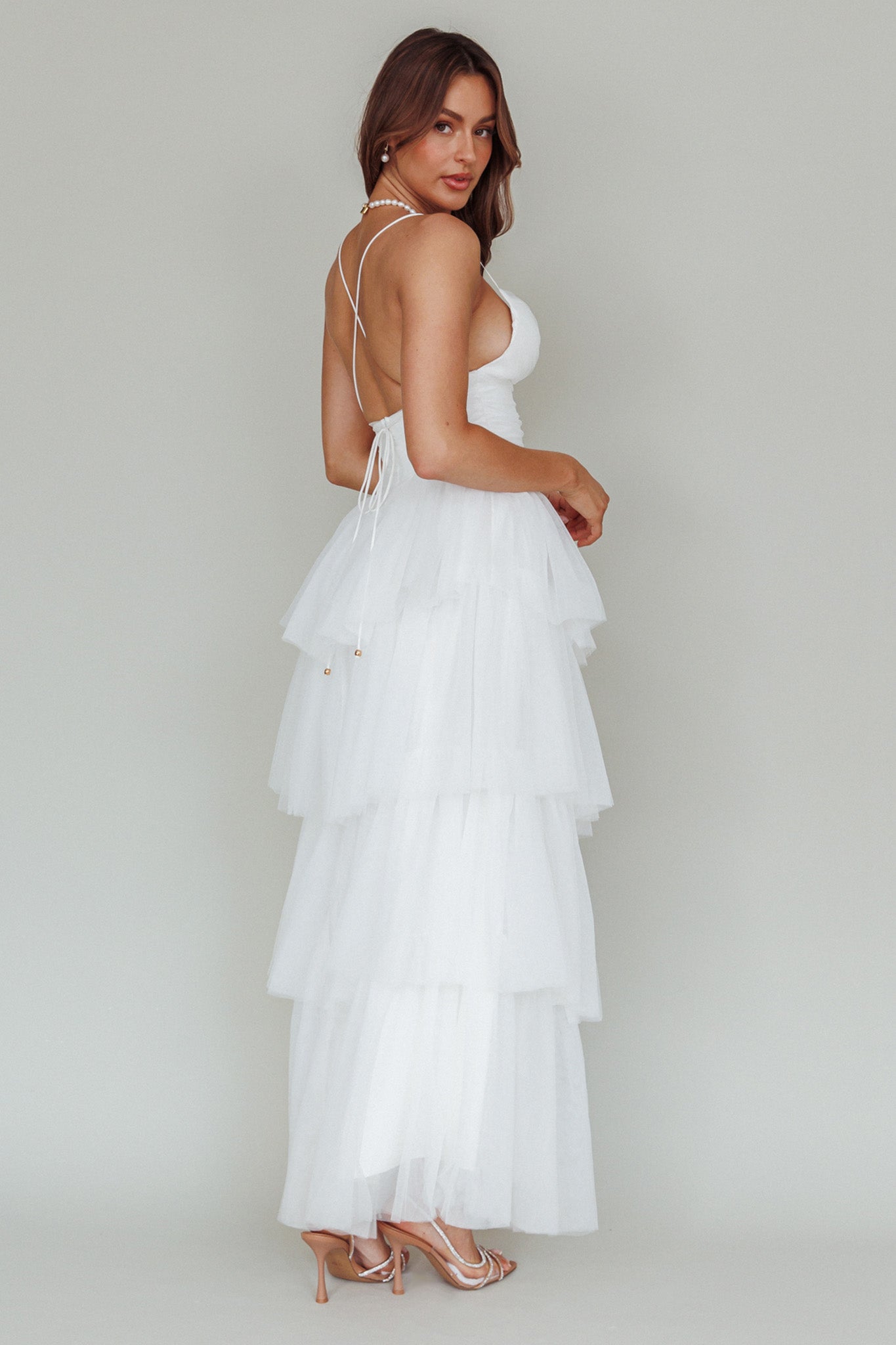Nightingale Tiered Mesh Maxi Dress White by Selfie Leslie Australia