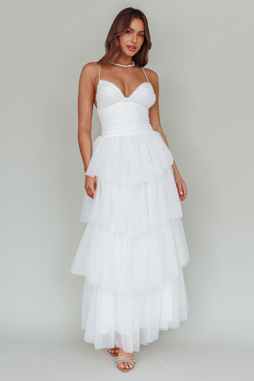 Nightingale Tiered Mesh Maxi Dress White by Selfie Leslie Australia