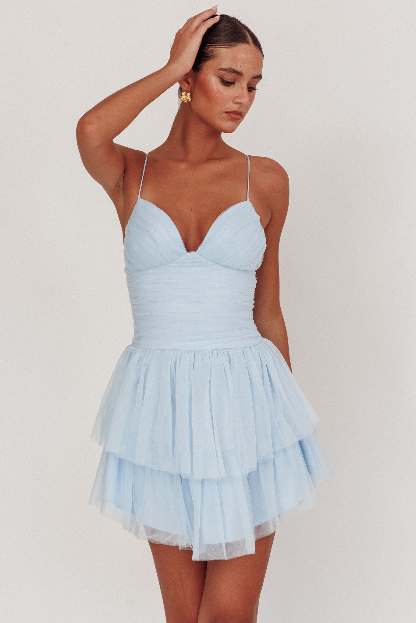 Nightingale Ruched Mesh Mini Dress Baby Blue by Selfie Leslie Australia
