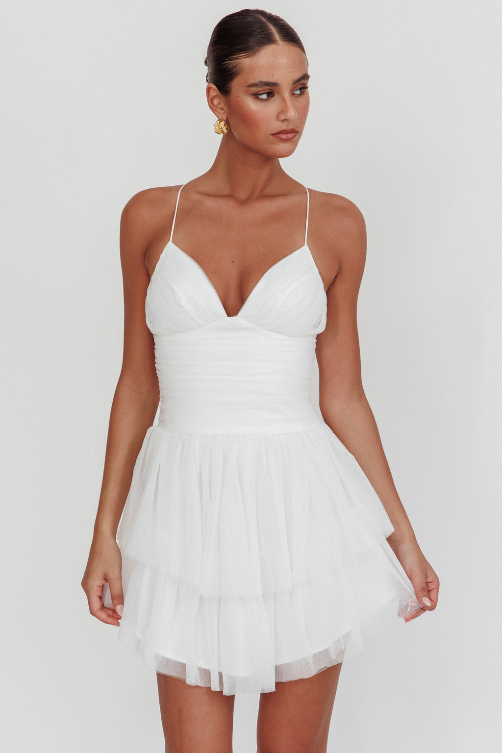 Nightingale Ruched Mesh Mini Dress White by Selfie Leslie Australia