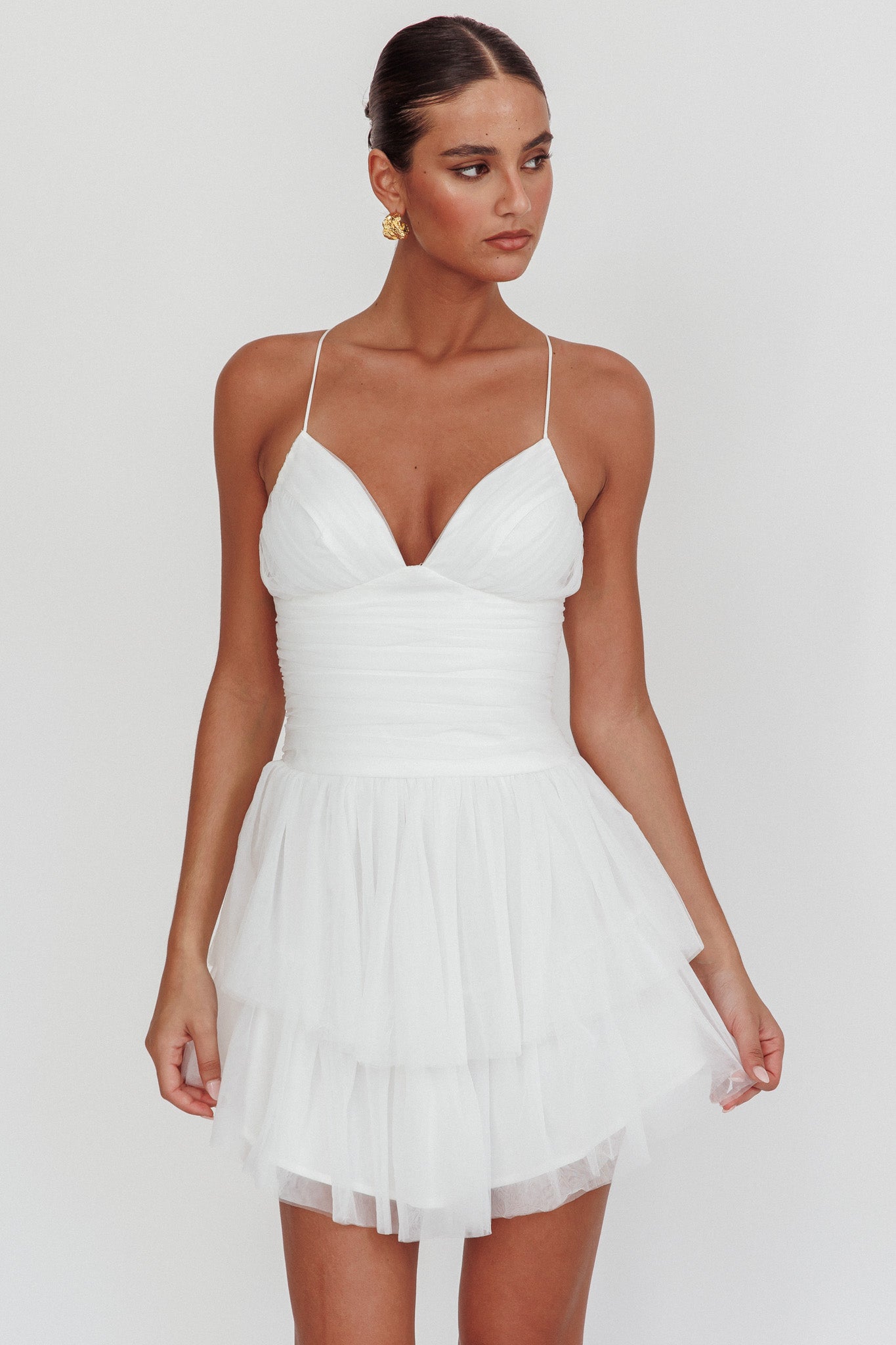 Nightingale Ruched Mesh Mini Dress White by Selfie Leslie Australia