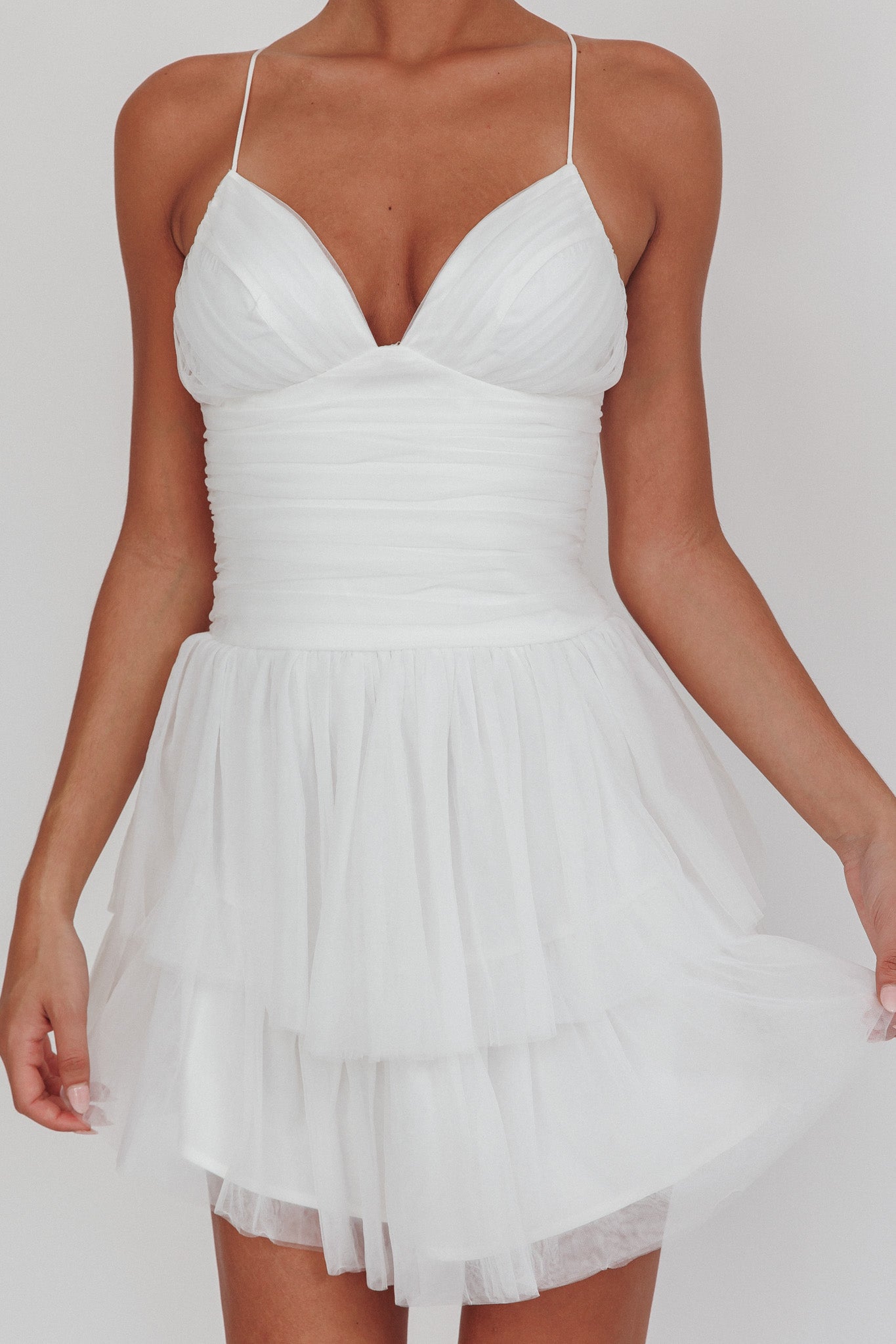 Nightingale Ruched Mesh Mini Dress White by Selfie Leslie Australia