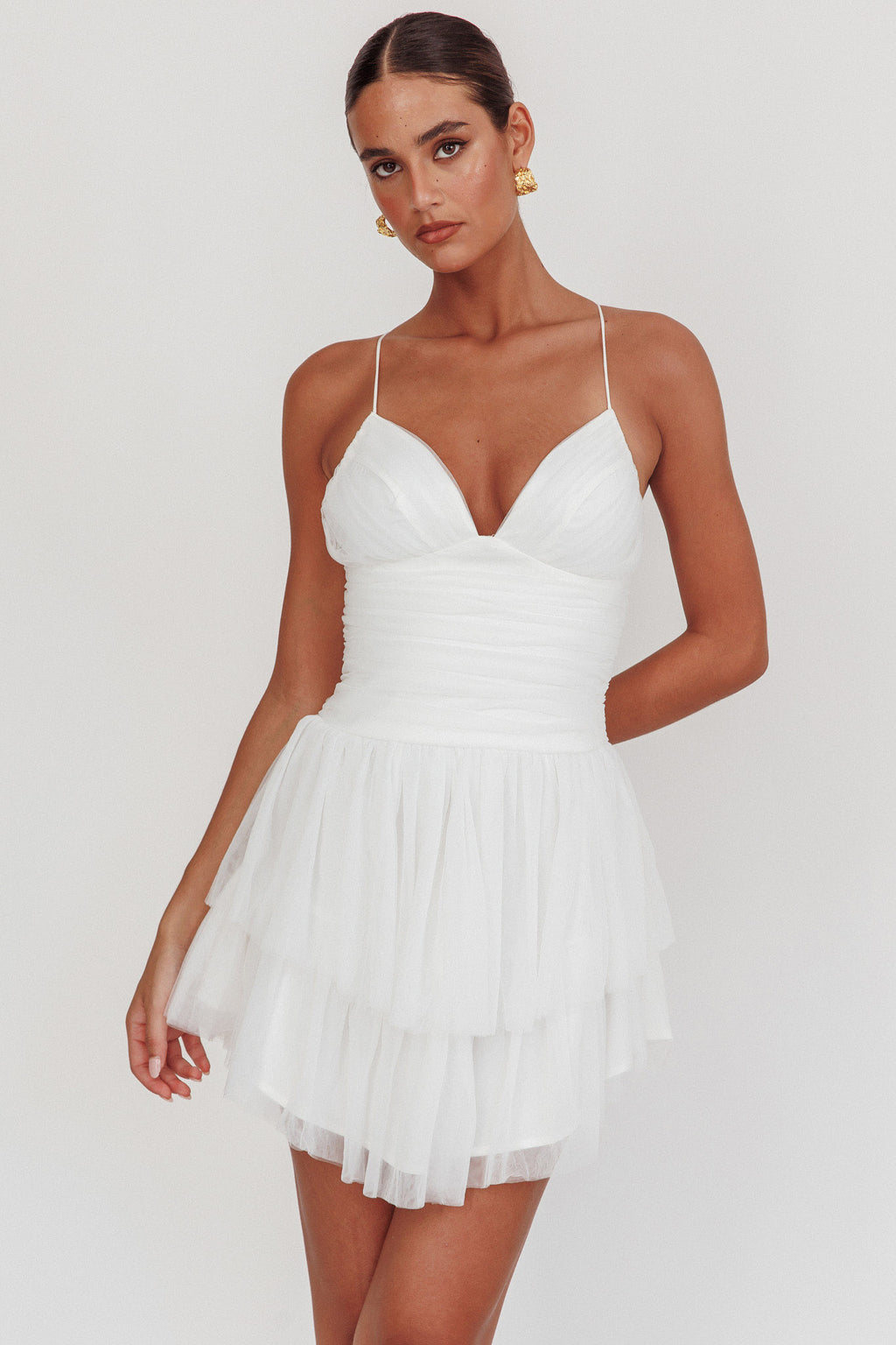 Nightingale Ruched Mesh Mini Dress White by Selfie Leslie Australia