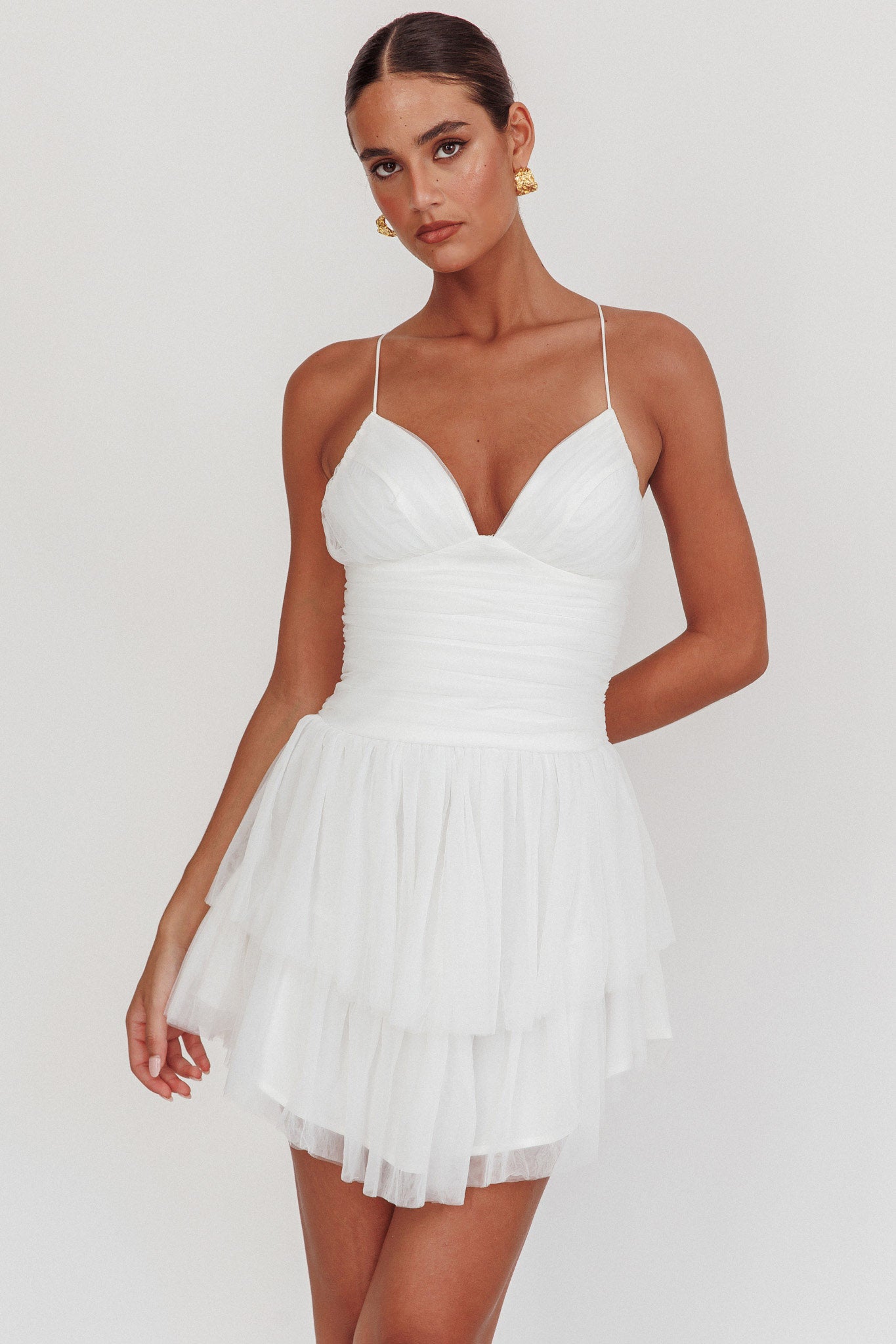 Nightingale Ruched Mesh Mini Dress White by Selfie Leslie Australia
