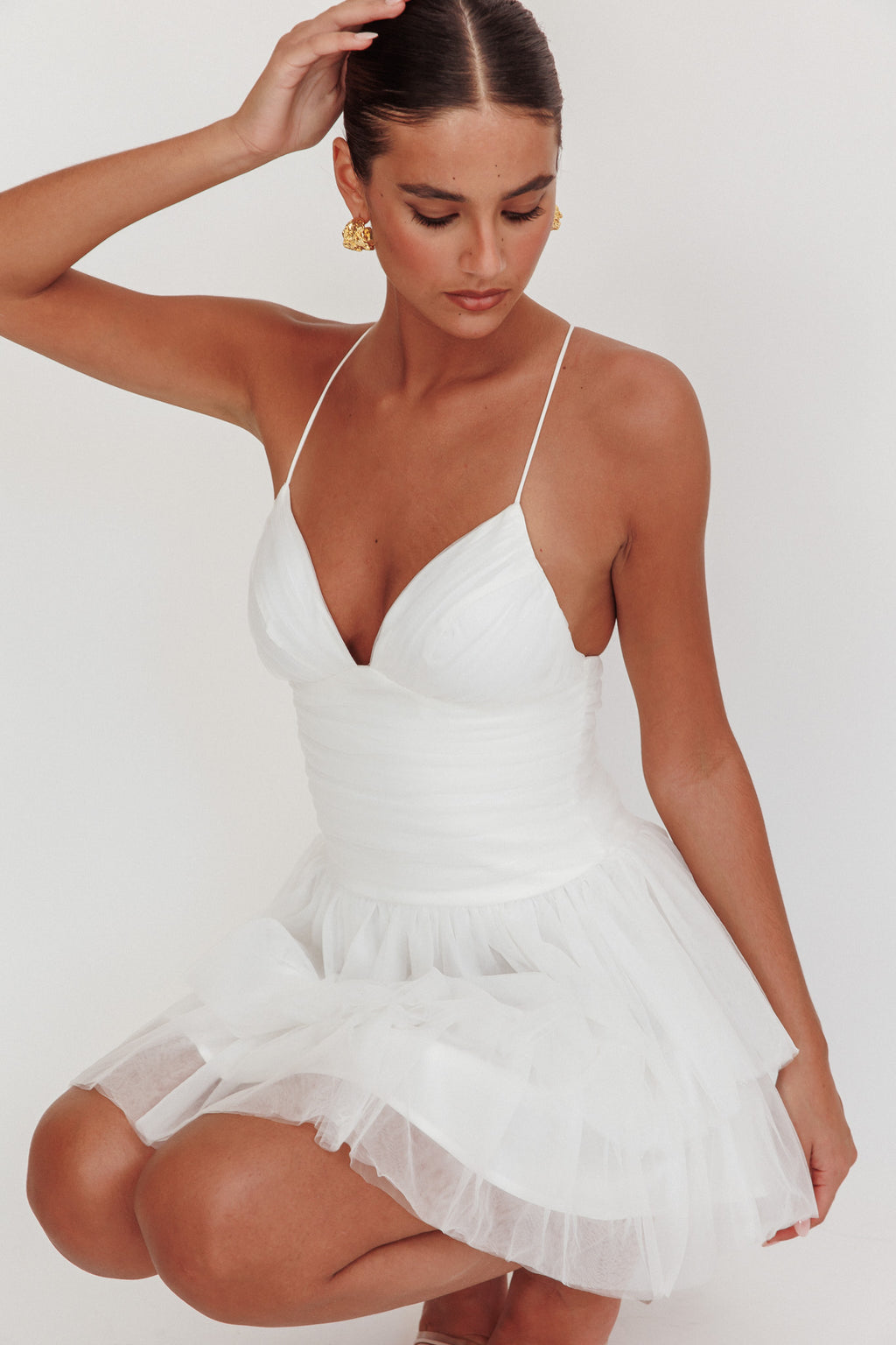 Nightingale Ruched Mesh Mini Dress White by Selfie Leslie Australia
