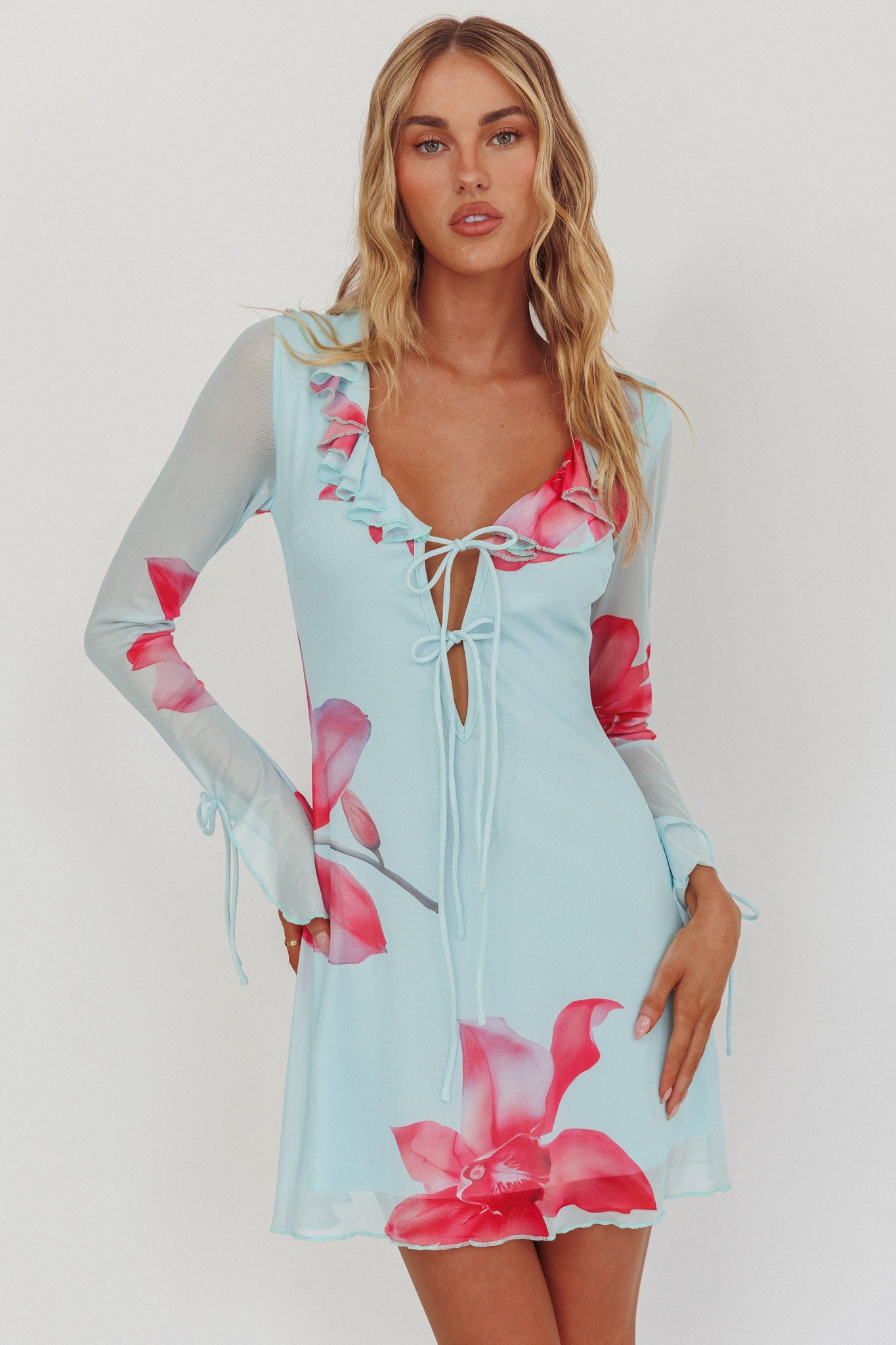 Sea Dreaming Ruffle Trim Mini Dress Floral Blue by Selfie Leslie Australia