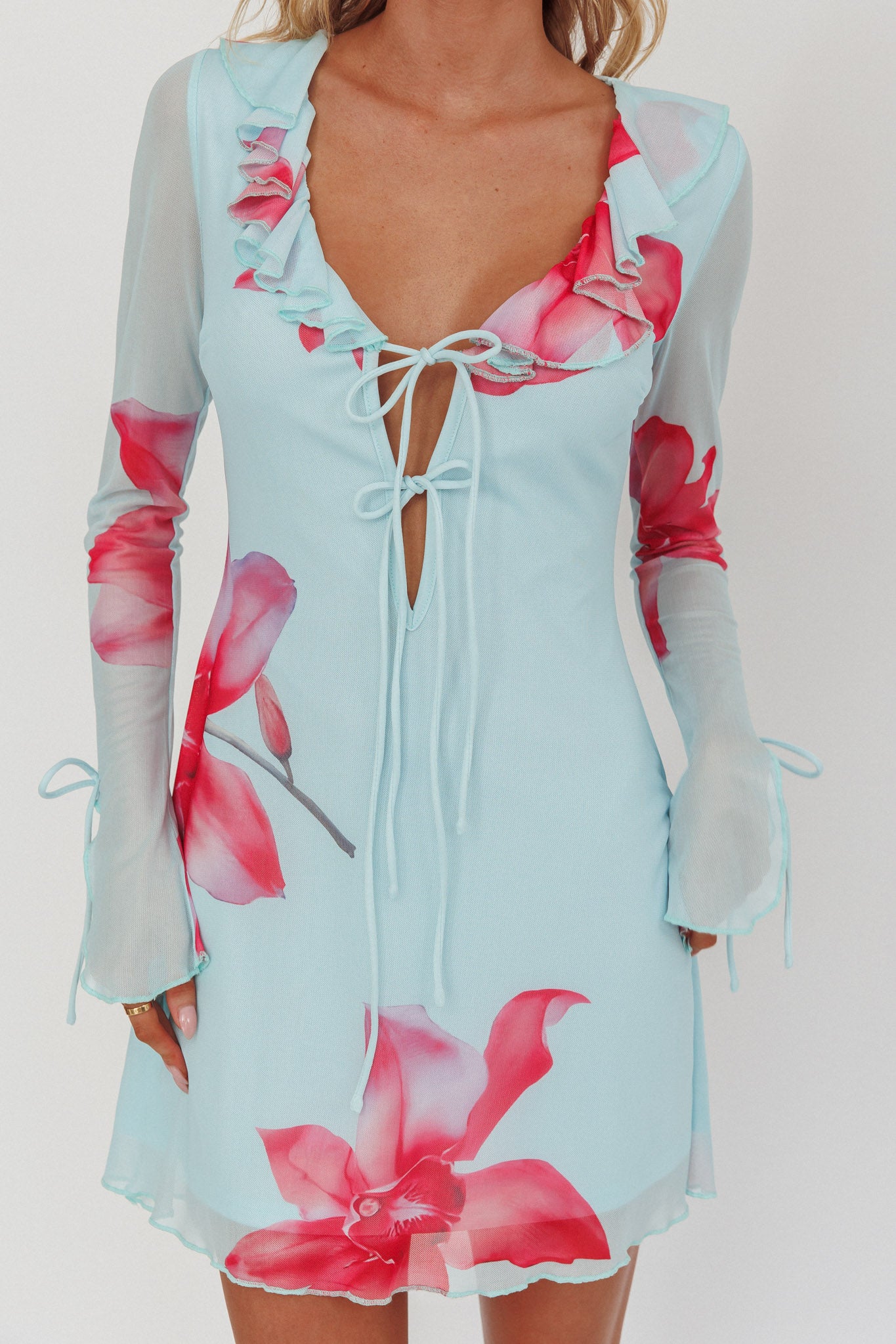 Sea Dreaming Ruffle Trim Mini Dress Floral Blue by Selfie Leslie Australia