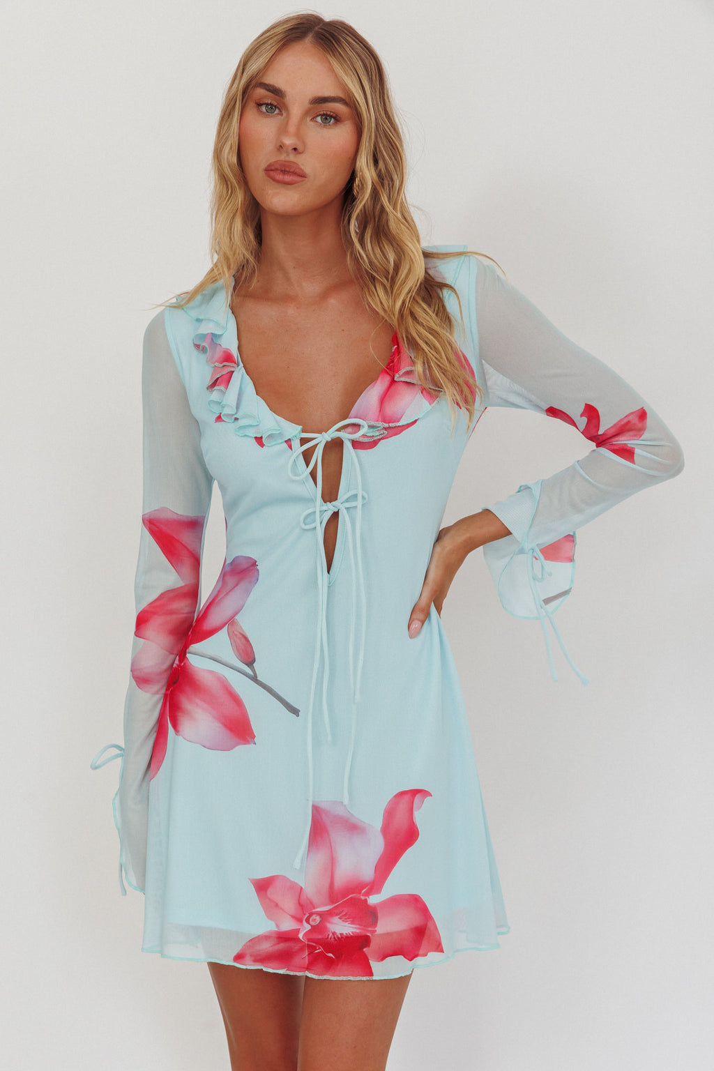 Sea Dreaming Ruffle Trim Mini Dress Floral Blue by Selfie Leslie Australia