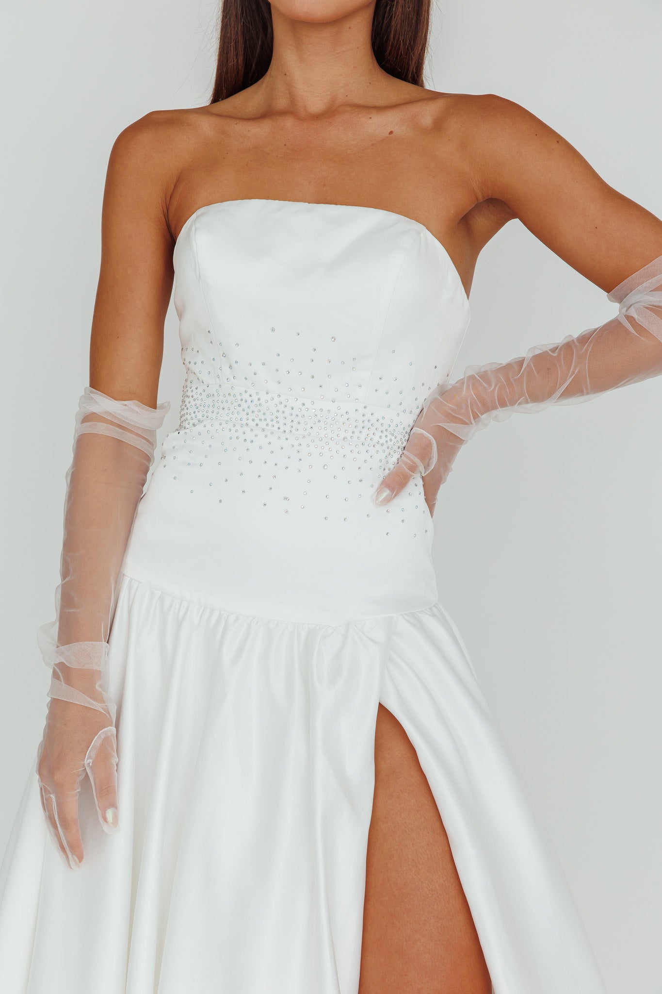 Verily Diamante Drop Waist Maxi Dress White by Selfie Leslie Australia