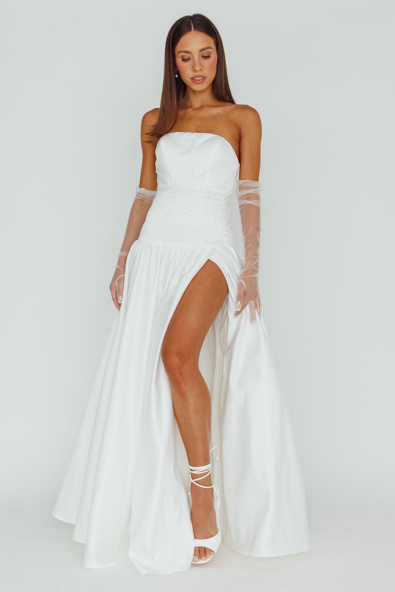 Verily Diamante Drop Waist Maxi Dress White by Selfie Leslie Australia