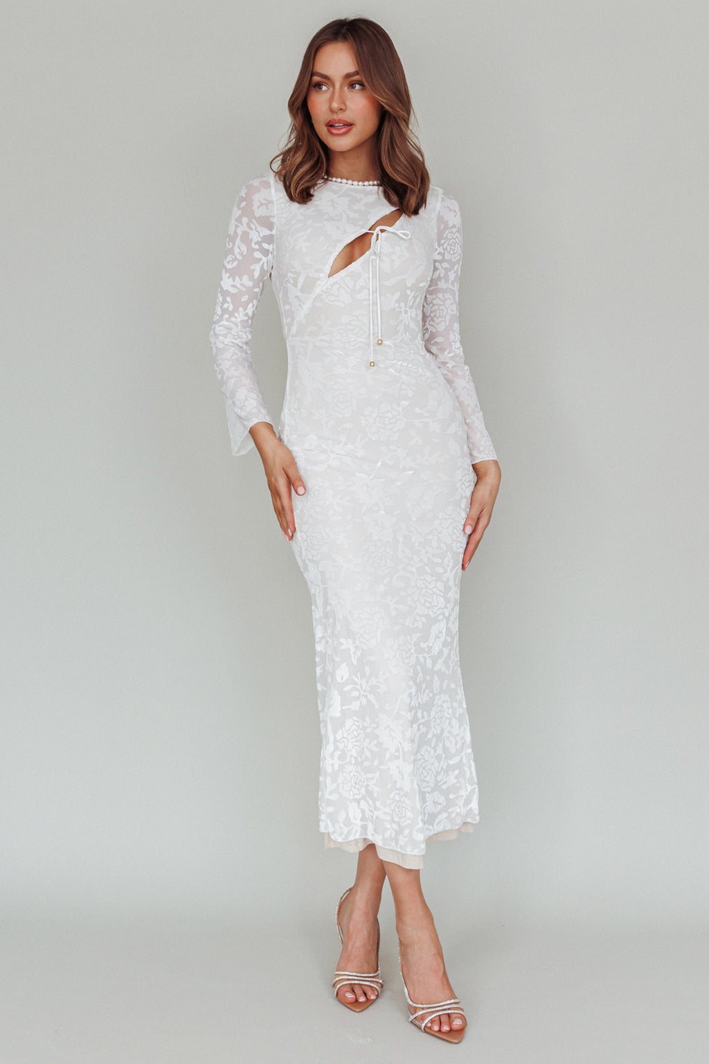 Novalie Long Sleeve Velvet Print Midi Dress White by Selfie Leslie Australia
