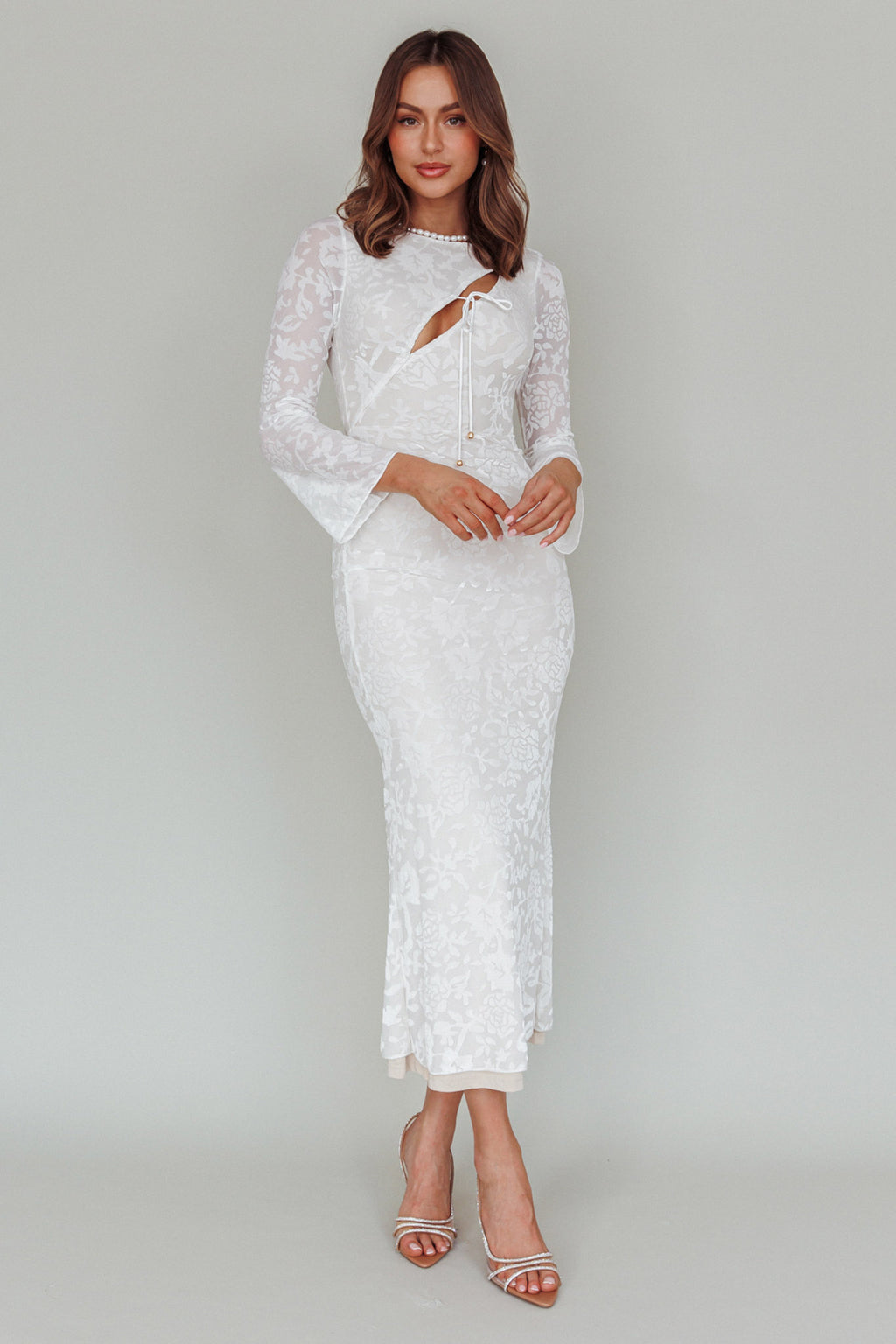 Novalie Long Sleeve Velvet Print Midi Dress White by Selfie Leslie Australia