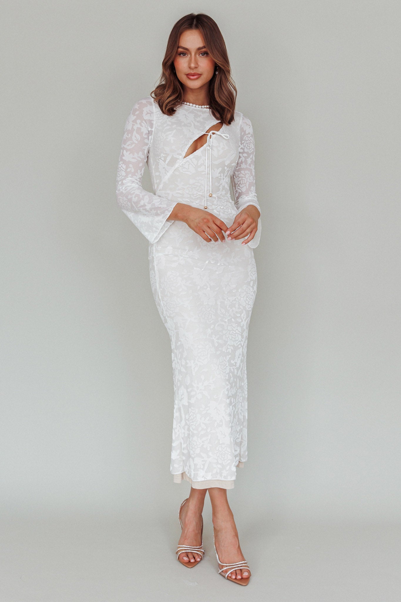 Novalie Long Sleeve Velvet Print Midi Dress White by Selfie Leslie Australia