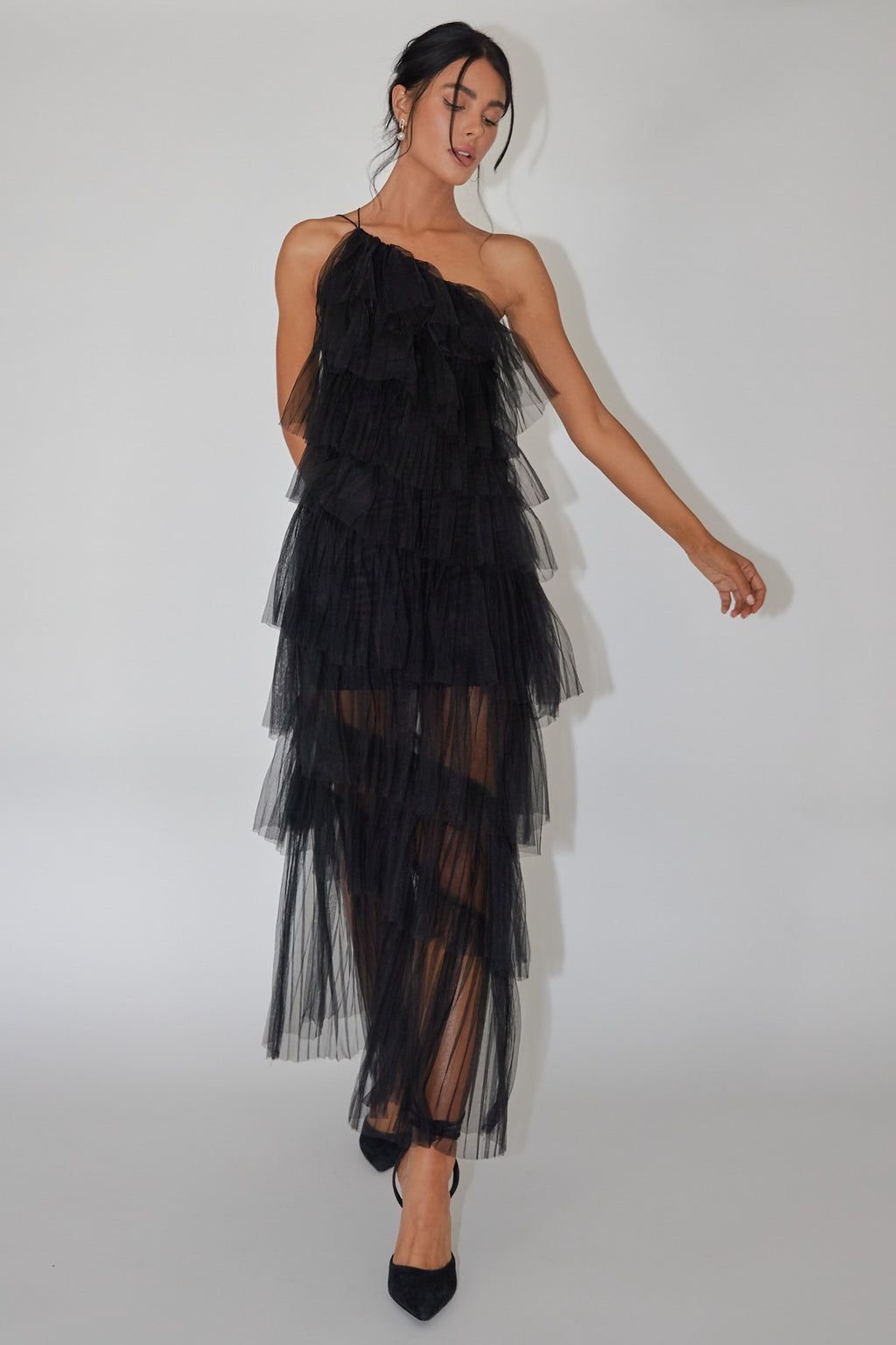 Arrabel Tiered Ruffle Tulle Midi Dress Black by Selfie Leslie Australia