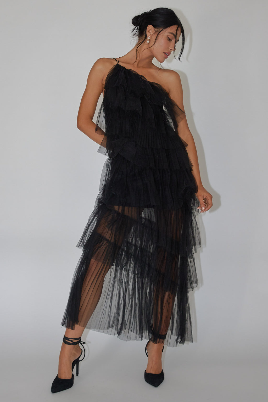 Arrabel Tiered Ruffle Tulle Midi Dress Black by Selfie Leslie Australia