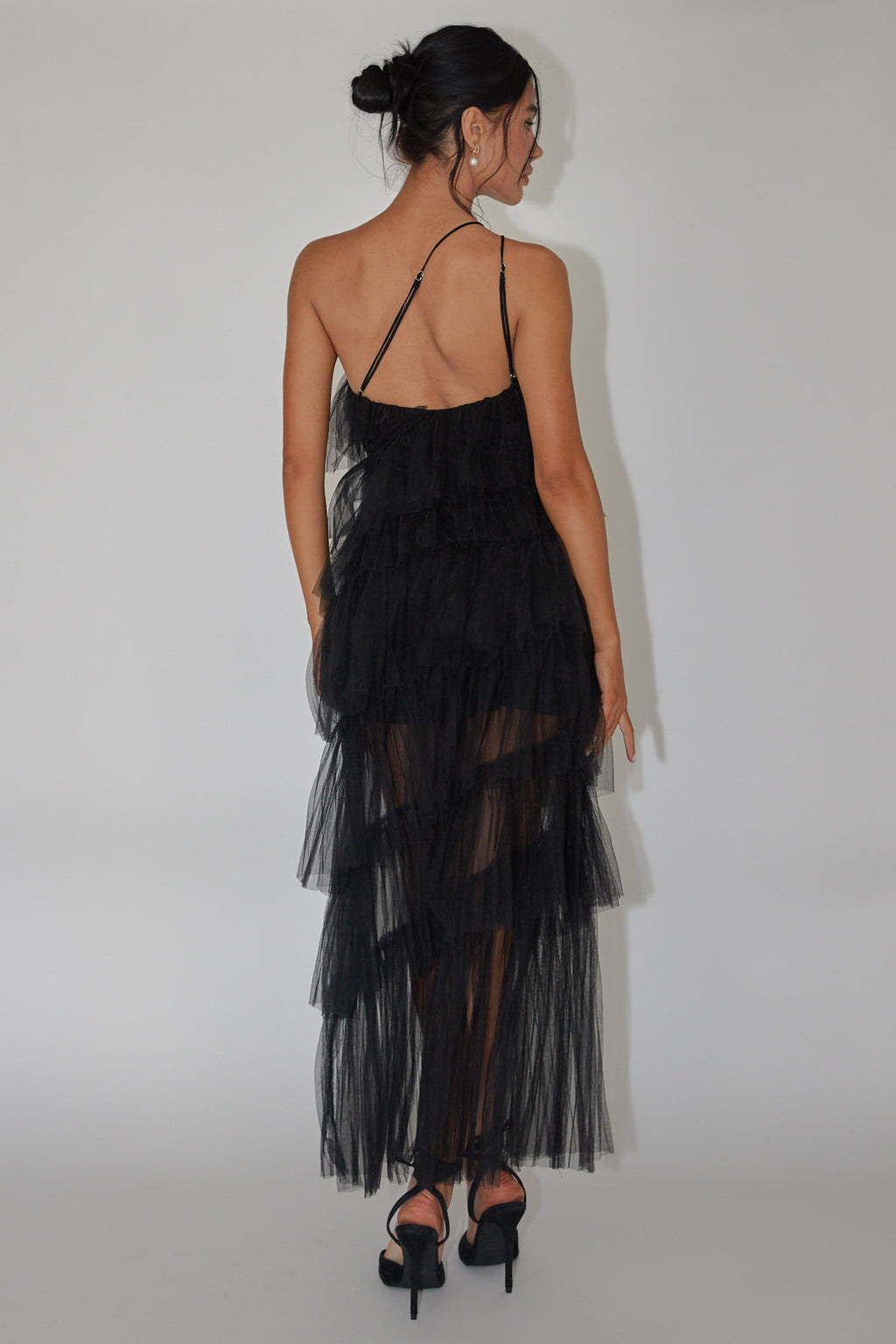 Arrabel Tiered Ruffle Tulle Midi Dress Black by Selfie Leslie Australia