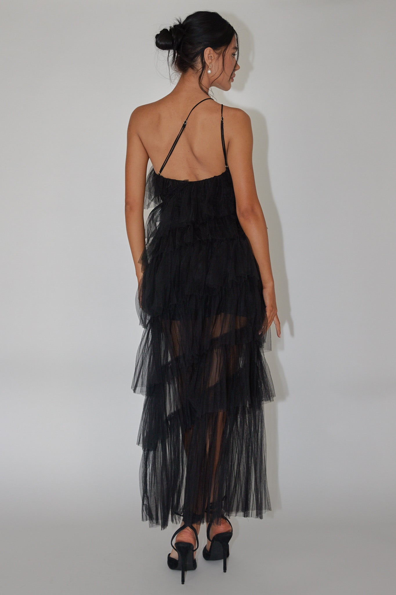 Arrabel Tiered Ruffle Tulle Midi Dress Black by Selfie Leslie Australia