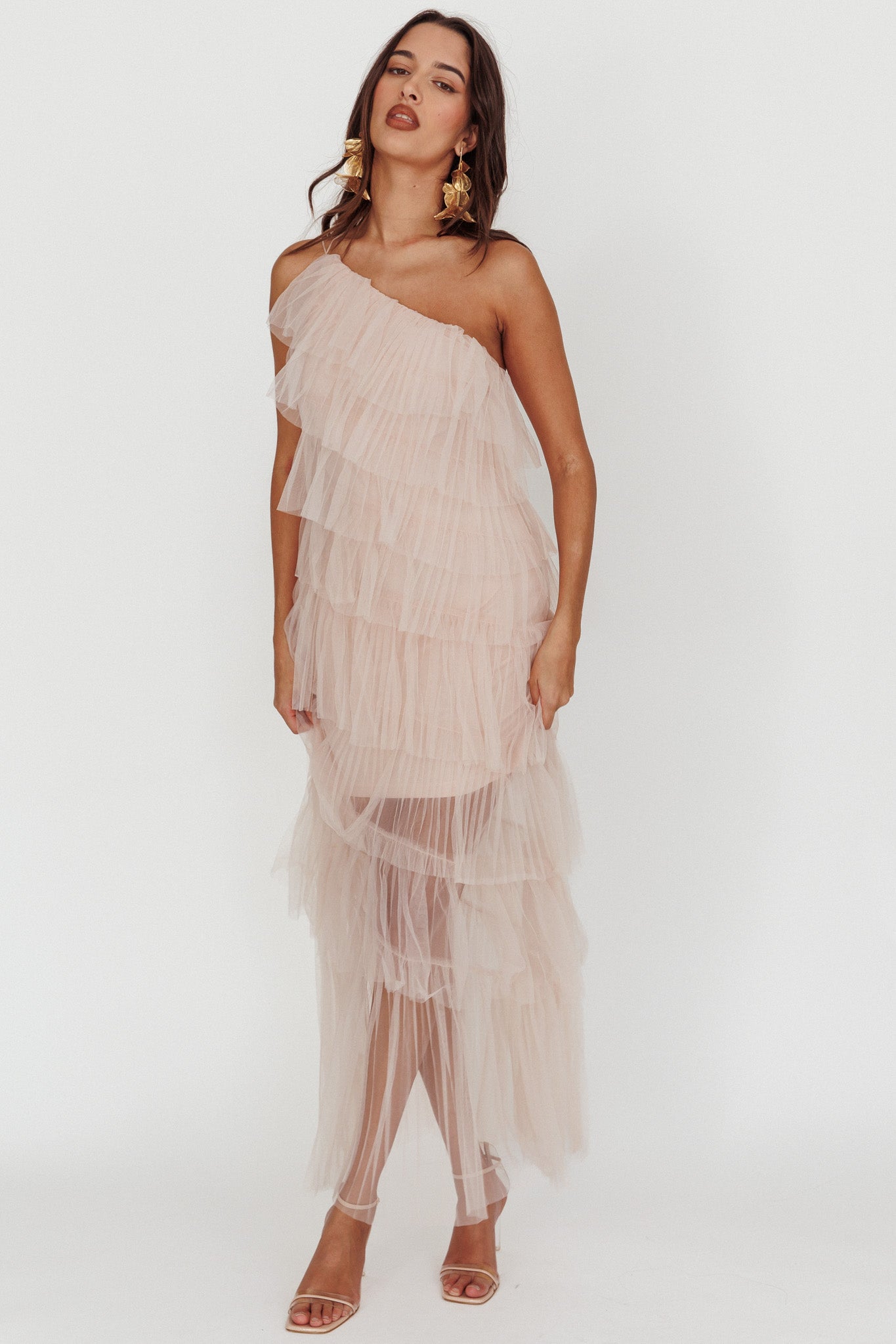 Arrabel Tiered Ruffle Tulle Maxi Dress Blush by Selfie Leslie Australia