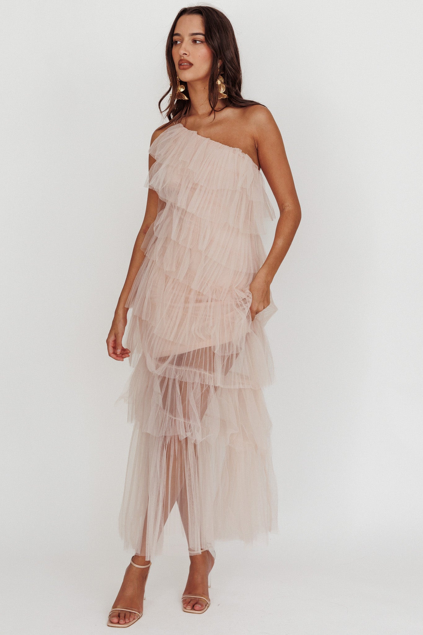 Arrabel Tiered Ruffle Tulle Maxi Dress Blush by Selfie Leslie Australia