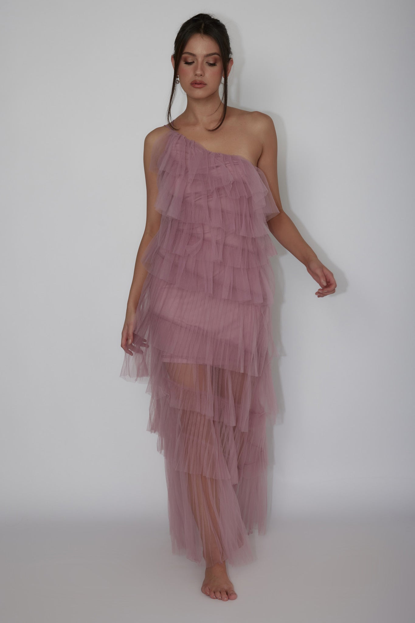 Arrabel Tiered Ruffle Tulle Midi Dress Plum by Selfie Leslie Australia