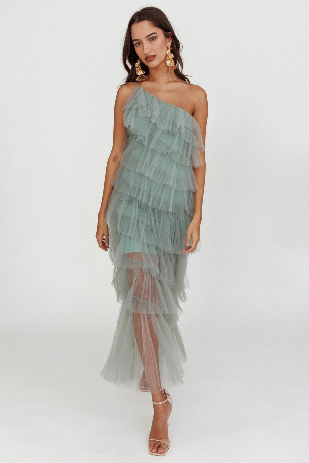 Arrabel Tiered Ruffle Tulle Maxi Dress Sage by Selfie Leslie Australia