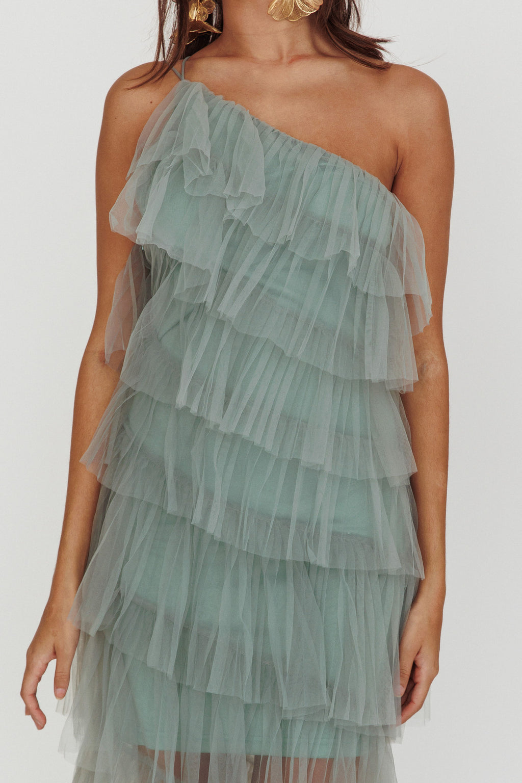 Arrabel Tiered Ruffle Tulle Maxi Dress Sage by Selfie Leslie Australia