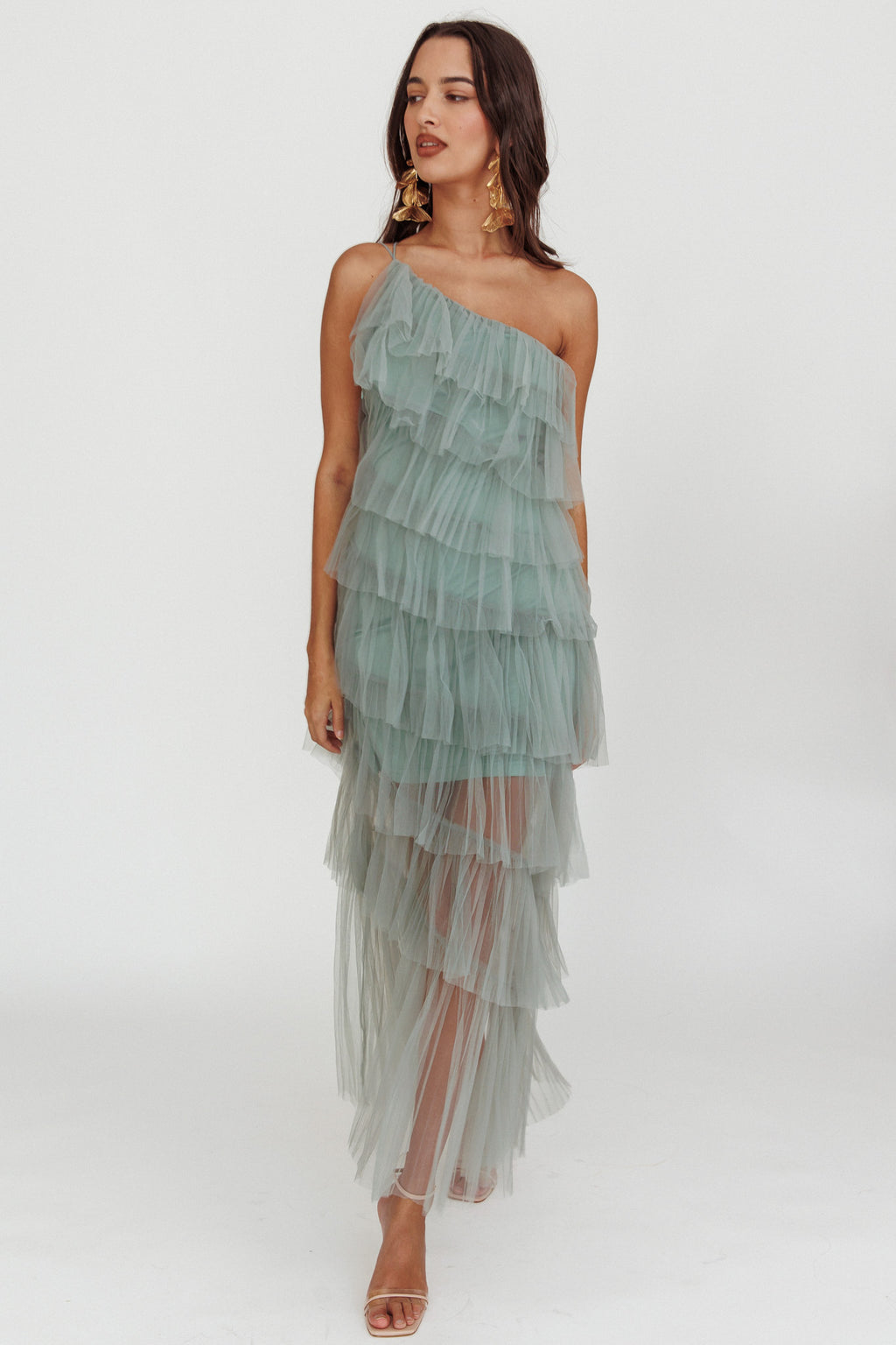 Arrabel Tiered Ruffle Tulle Maxi Dress Sage by Selfie Leslie Australia