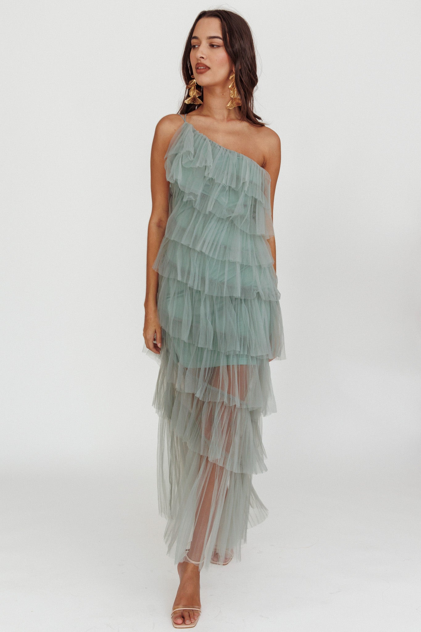 Arrabel Tiered Ruffle Tulle Maxi Dress Sage by Selfie Leslie Australia