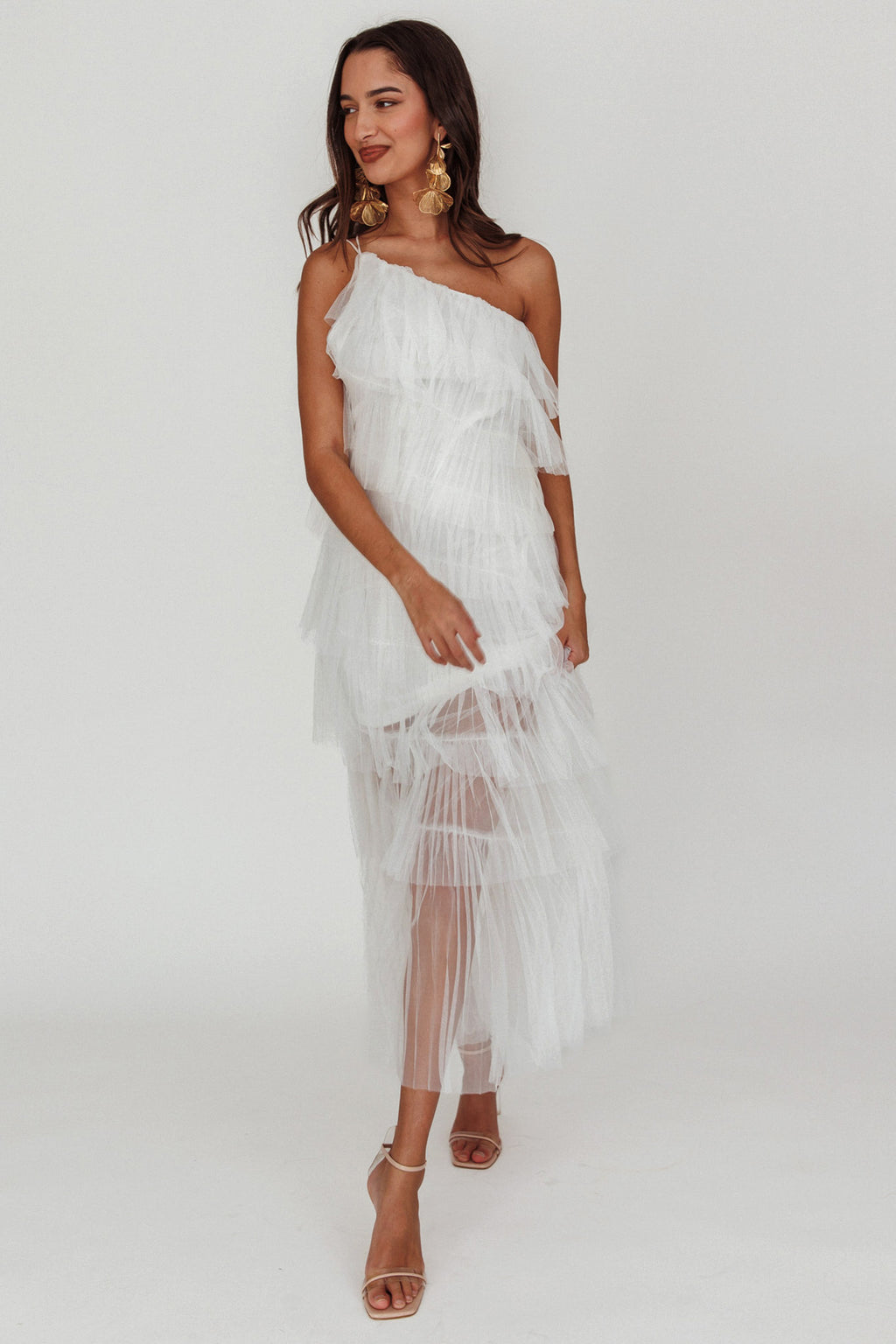 Shop the Arrabel Tiered Ruffle Tulle Maxi Dress White