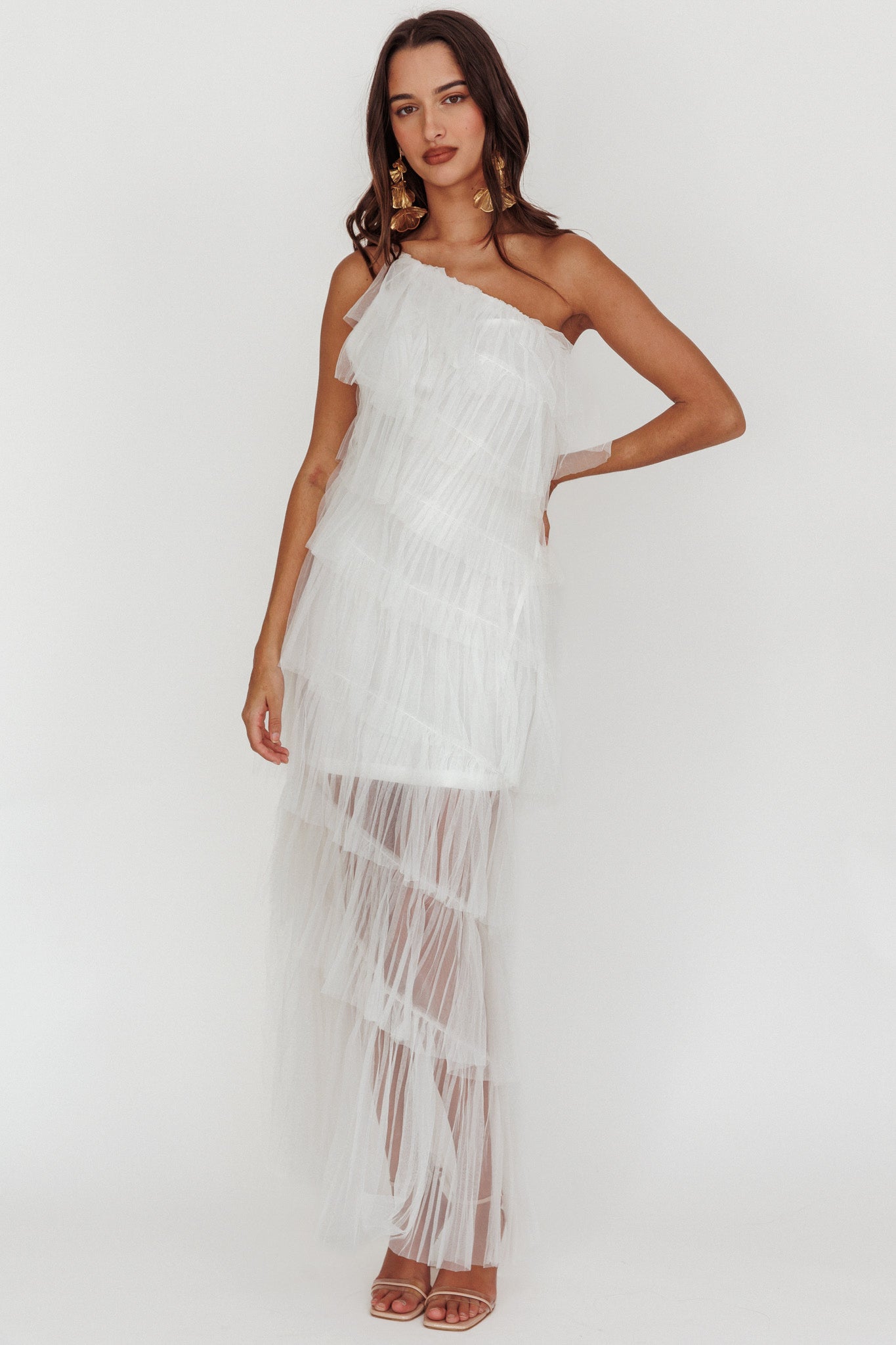 Arrabel Tiered Ruffle Tulle Maxi Dress White by Selfie Leslie Australia
