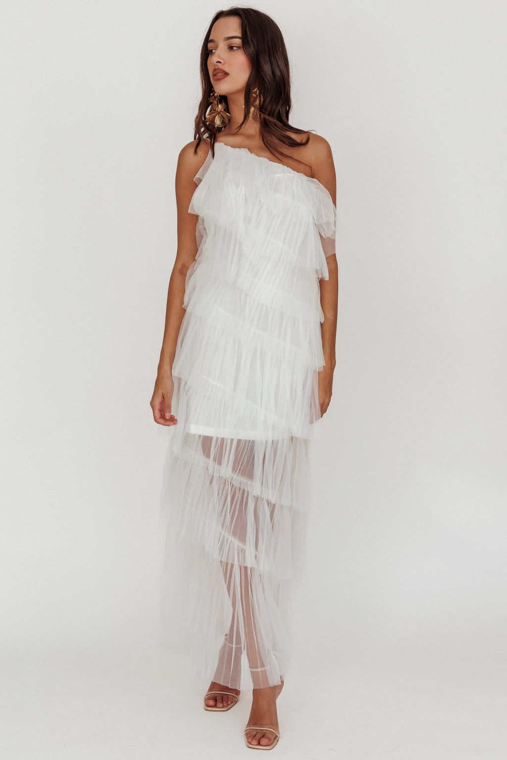 Arrabel Tiered Ruffle Tulle Maxi Dress White by Selfie Leslie Australia