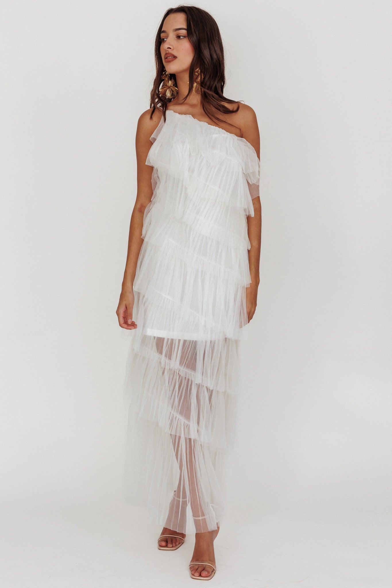 Arrabel Tiered Ruffle Tulle Maxi Dress White by Selfie Leslie Australia