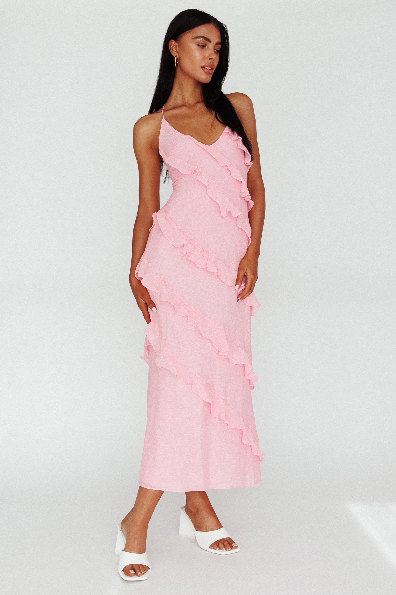 Arrabel Halterneck Ruffle Maxi Dress Pink by Selfie Leslie Australia