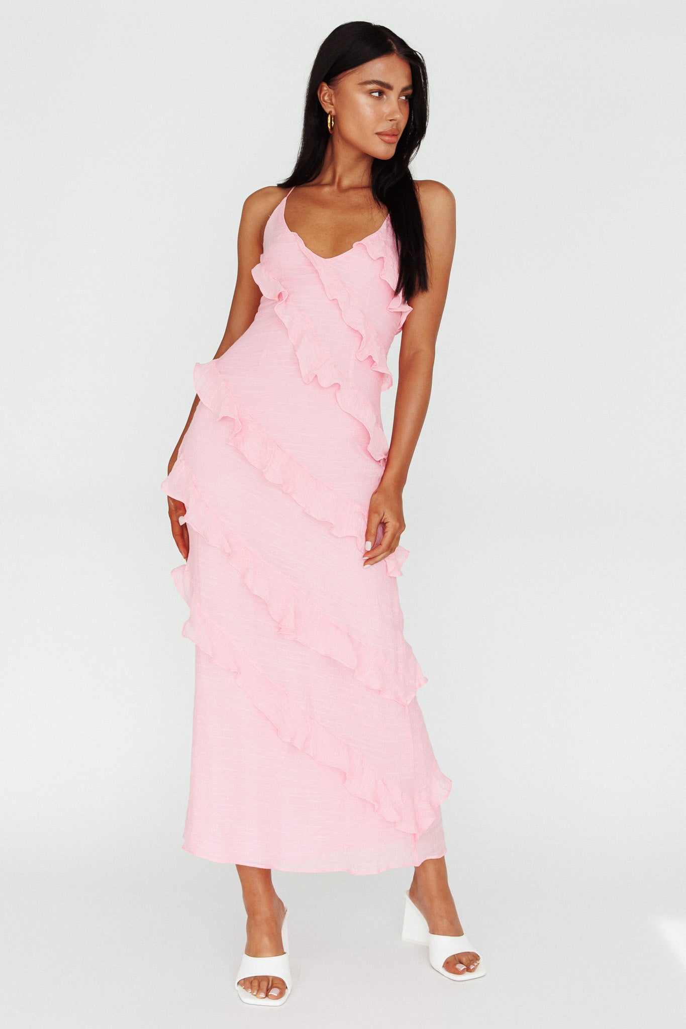 Arrabel Halterneck Ruffle Maxi Dress Pink by Selfie Leslie Australia