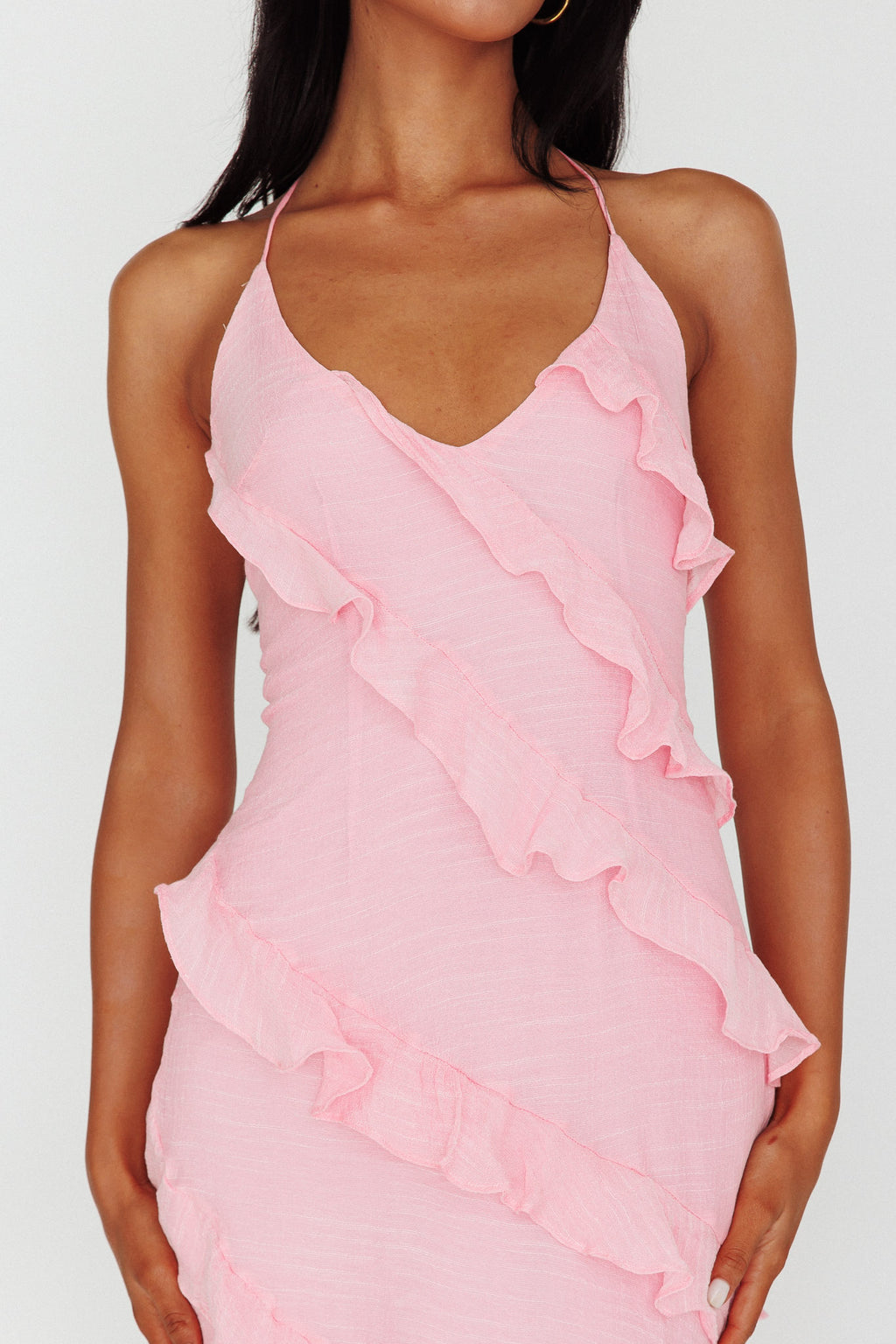 Arrabel Halterneck Ruffle Maxi Dress Pink by Selfie Leslie Australia