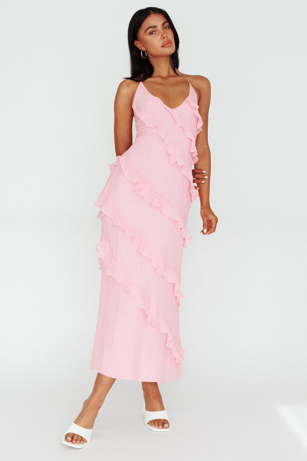 Arrabel Halterneck Ruffle Maxi Dress Pink by Selfie Leslie Australia