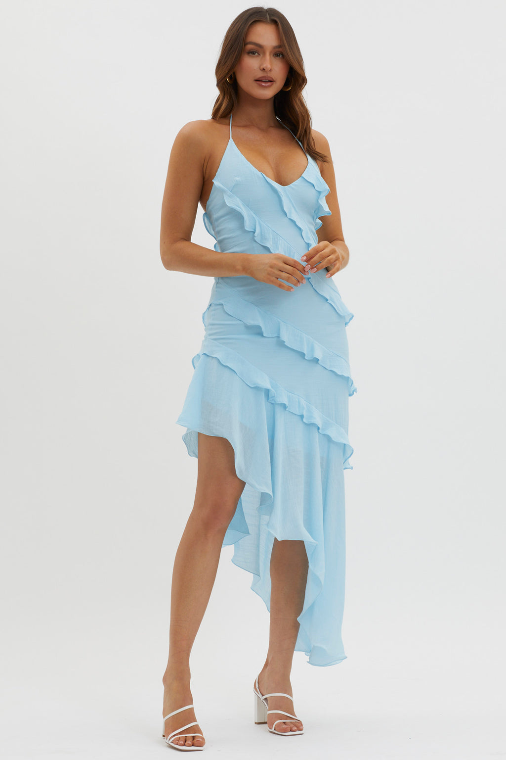 Arrabel Tiered Ruffle Asymmetric Midi Dress Blue by Selfie Leslie Australia