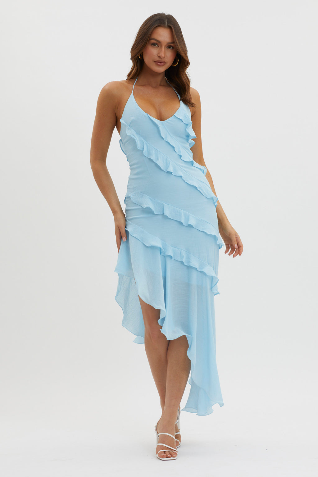 Arrabel Tiered Ruffle Asymmetric Midi Dress Blue by Selfie Leslie Australia