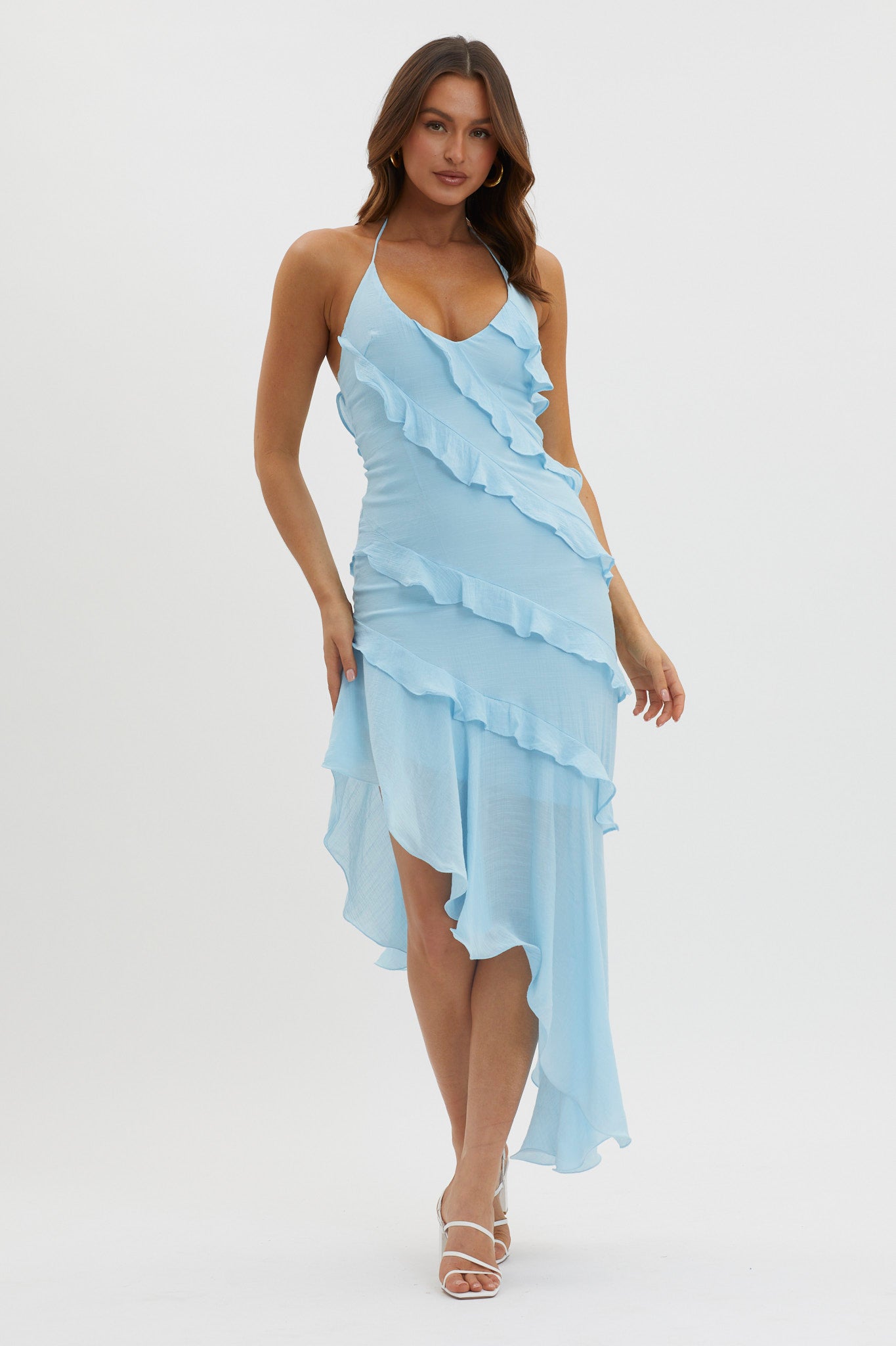 Arrabel Tiered Ruffle Asymmetric Midi Dress Blue by Selfie Leslie Australia