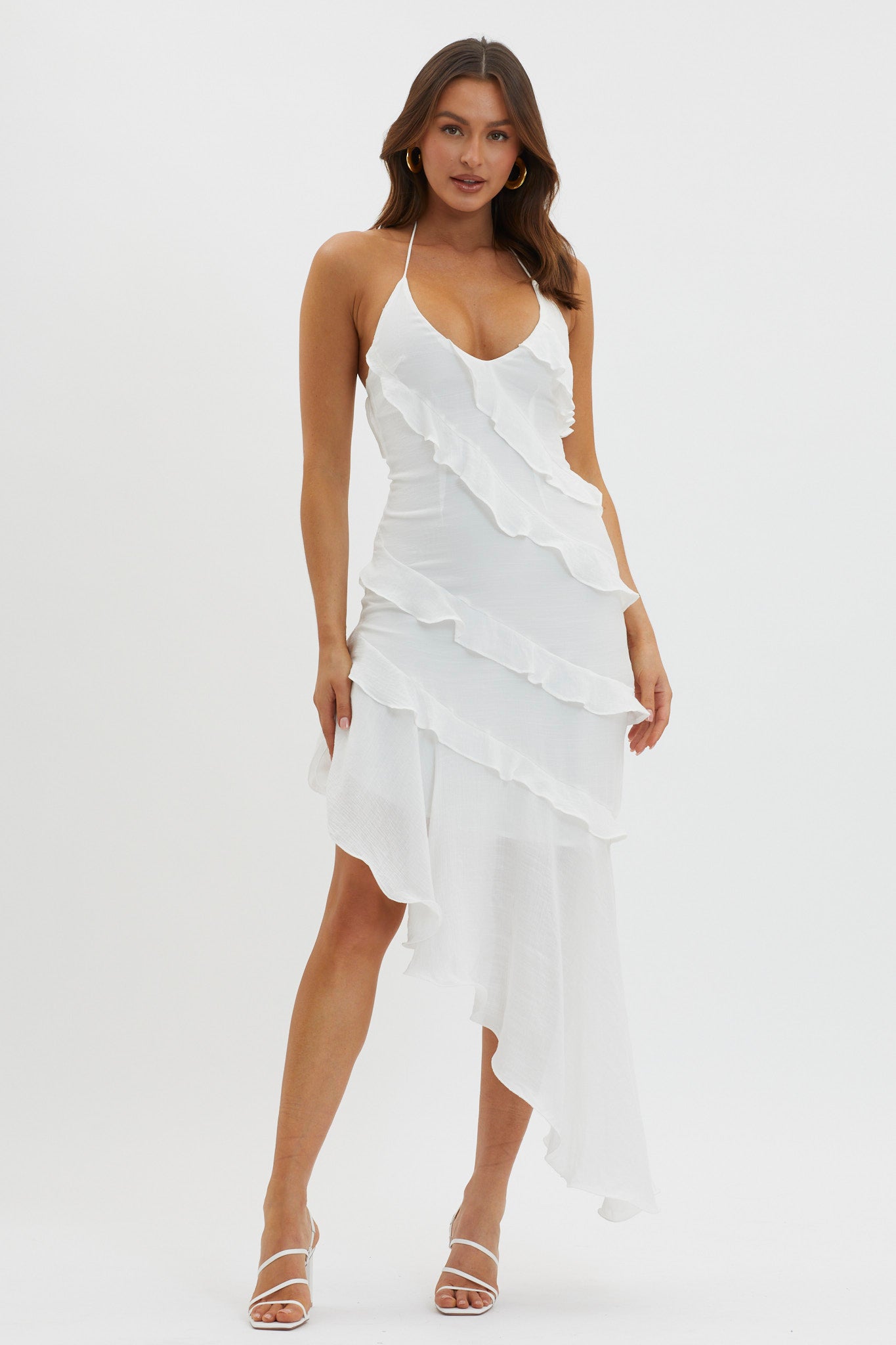 Arrabel Tiered Ruffle Asymmetric Midi Dress White by Selfie Leslie Australia