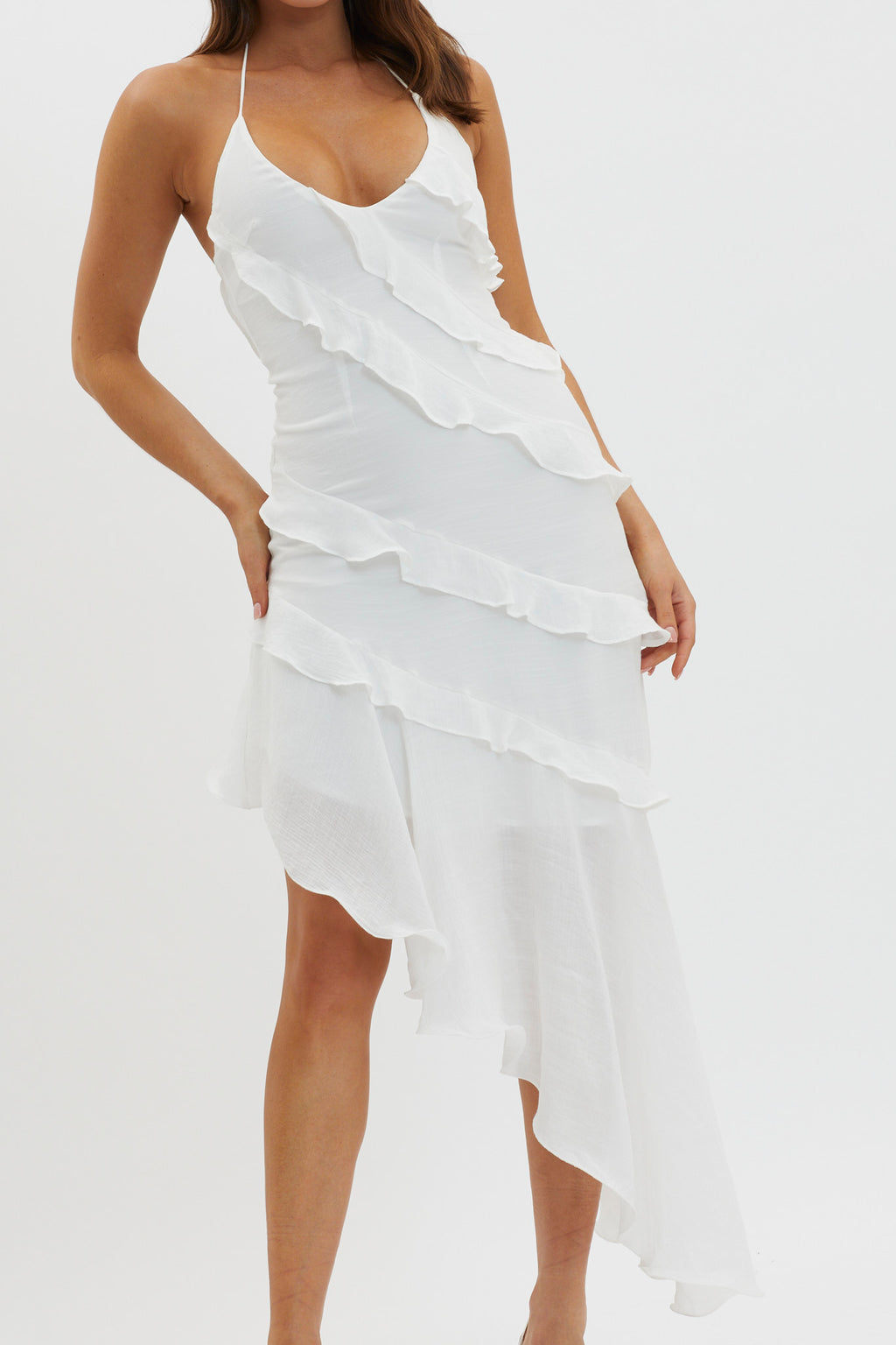 Arrabel Tiered Ruffle Asymmetric Midi Dress White by Selfie Leslie Australia