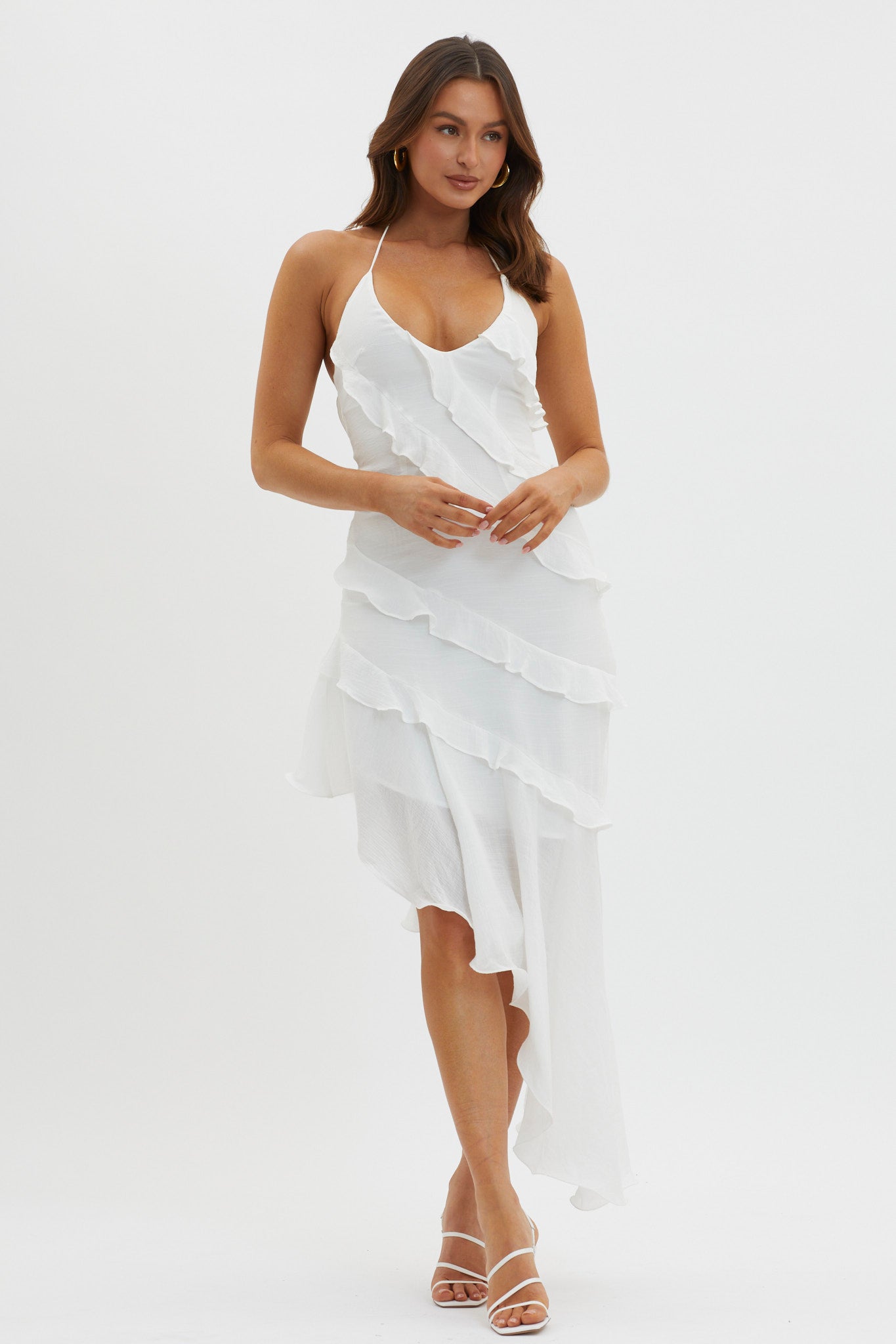 Arrabel Tiered Ruffle Asymmetric Midi Dress White by Selfie Leslie Australia