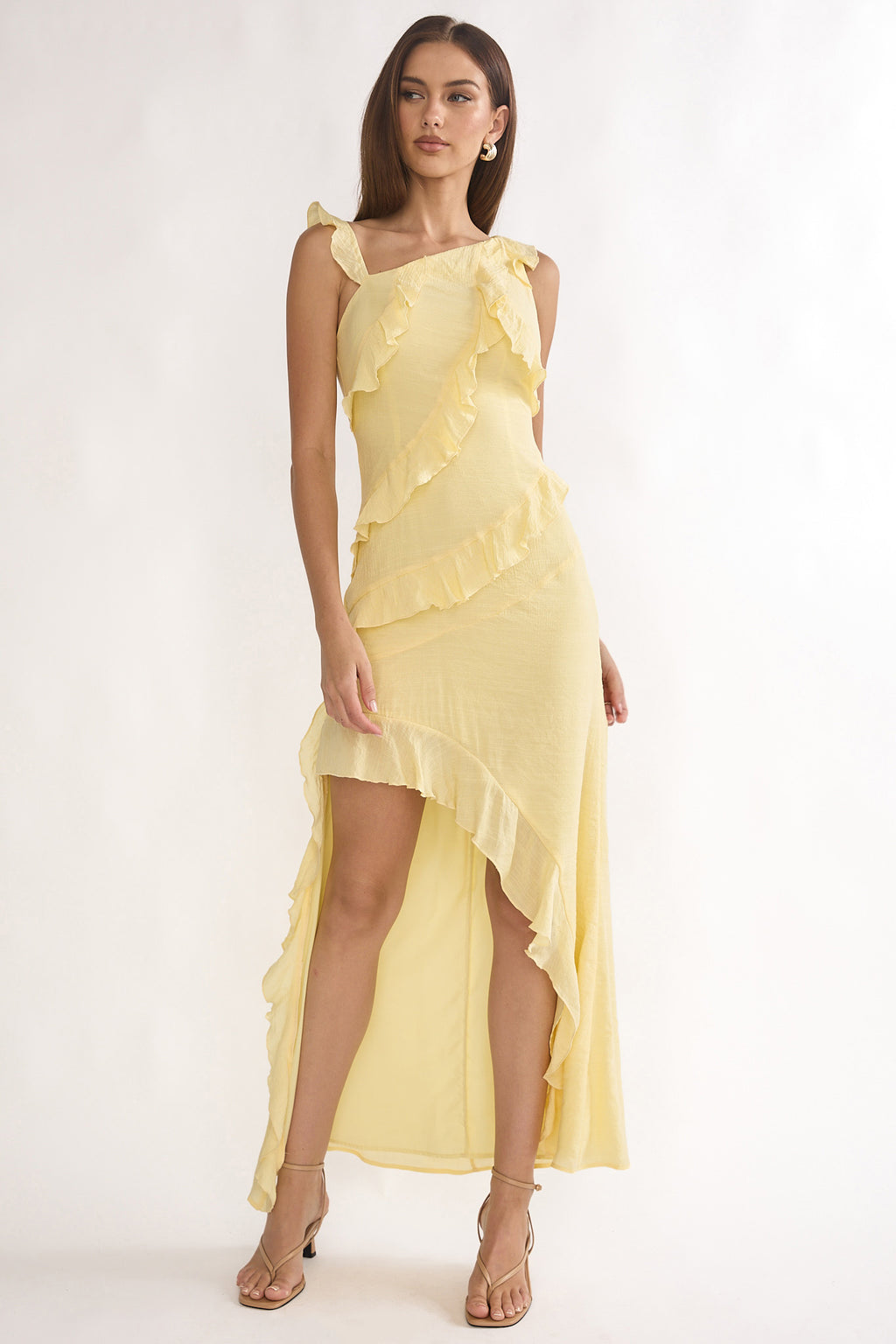 Arrabel Asymmetric Hem Ruffle Maxi Dress Lemon by Selfie Leslie Australia
