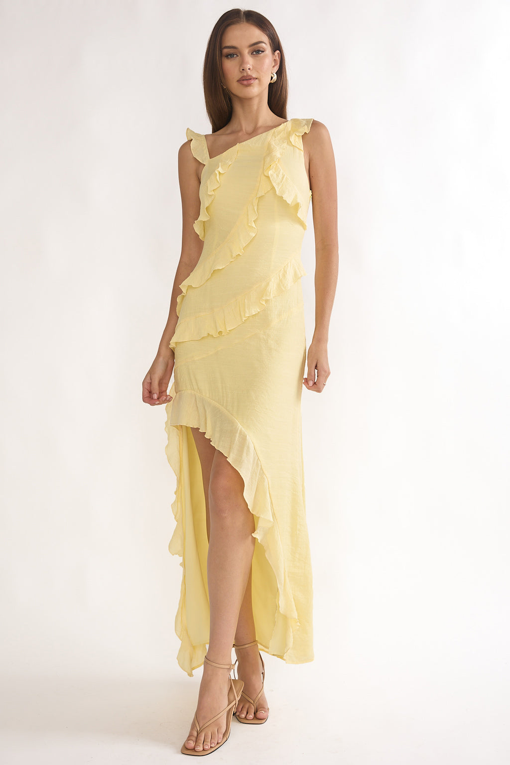 Arrabel Asymmetric Hem Ruffle Maxi Dress Lemon by Selfie Leslie Australia
