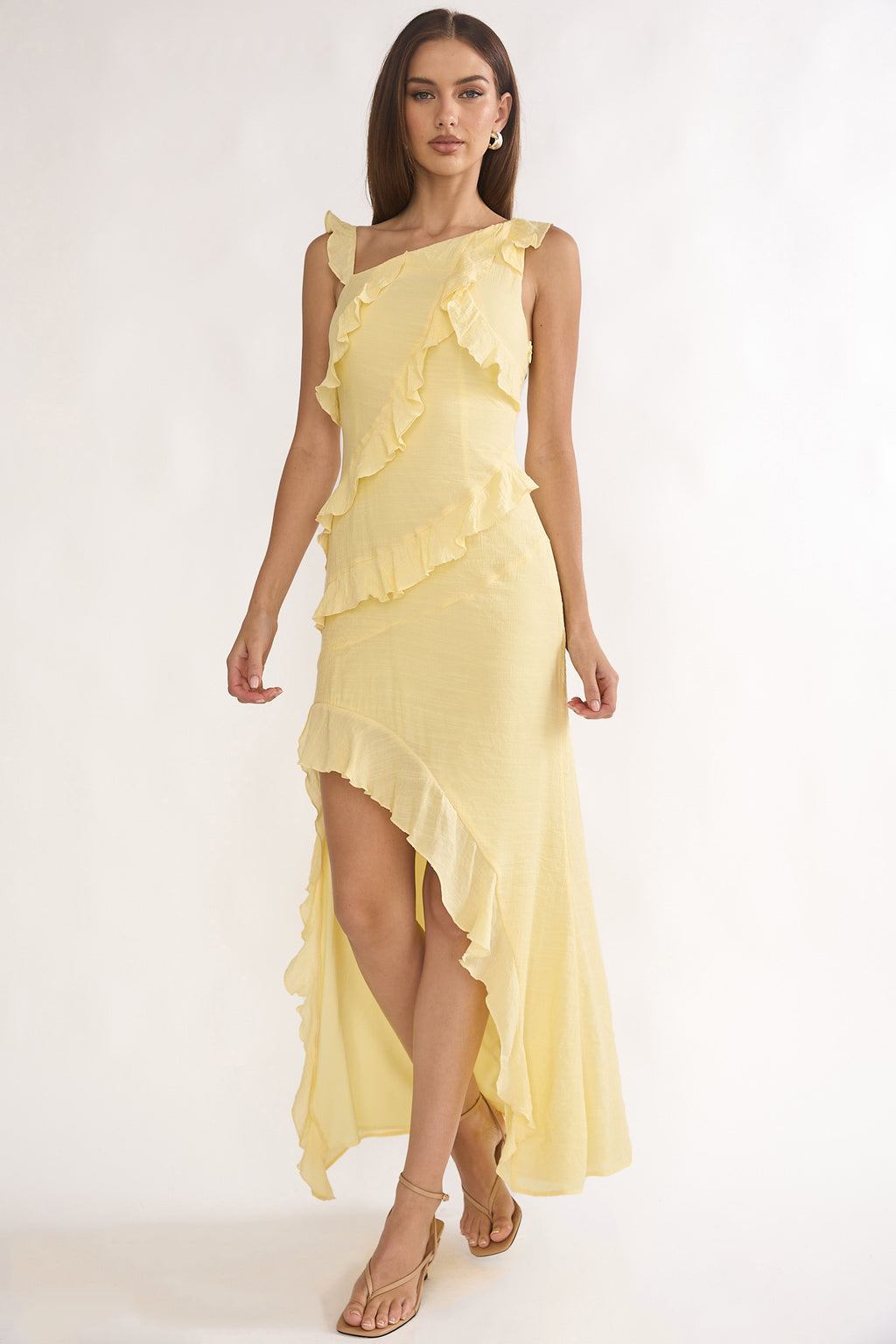 Arrabel Asymmetric Hem Ruffle Maxi Dress Lemon by Selfie Leslie Australia